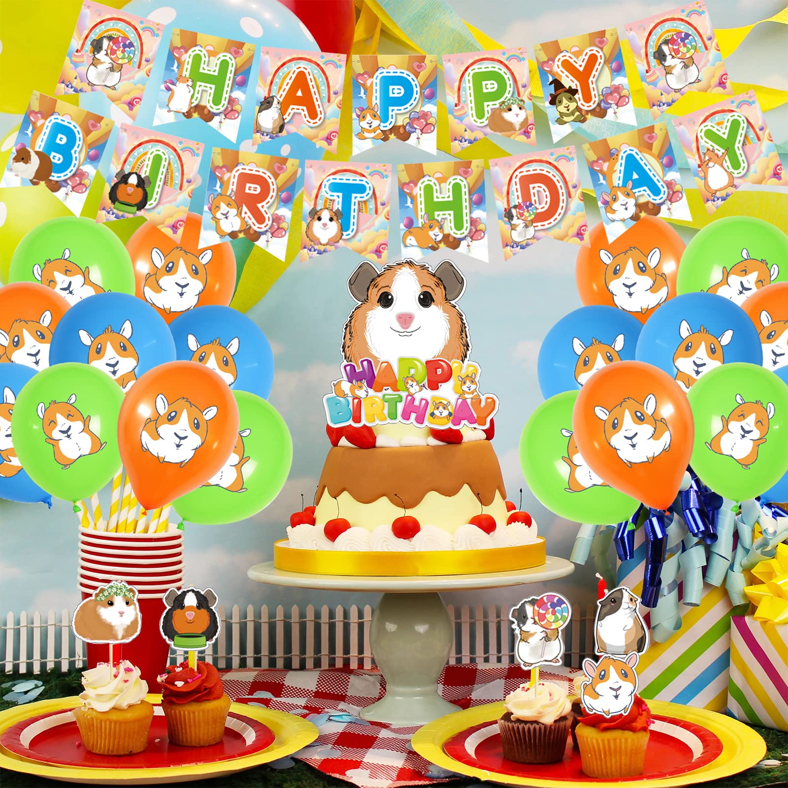 Guinea Pig Birthday Party Decorations - Kawaii Hamster & Pui Pui Cartoon Theme Party Supplies for Kids - Includes Happy Birthday Banner, Balloons & Cupcake Toppers - Perfect for Children's Birthday Celebrations & Small Animal Themed Parties