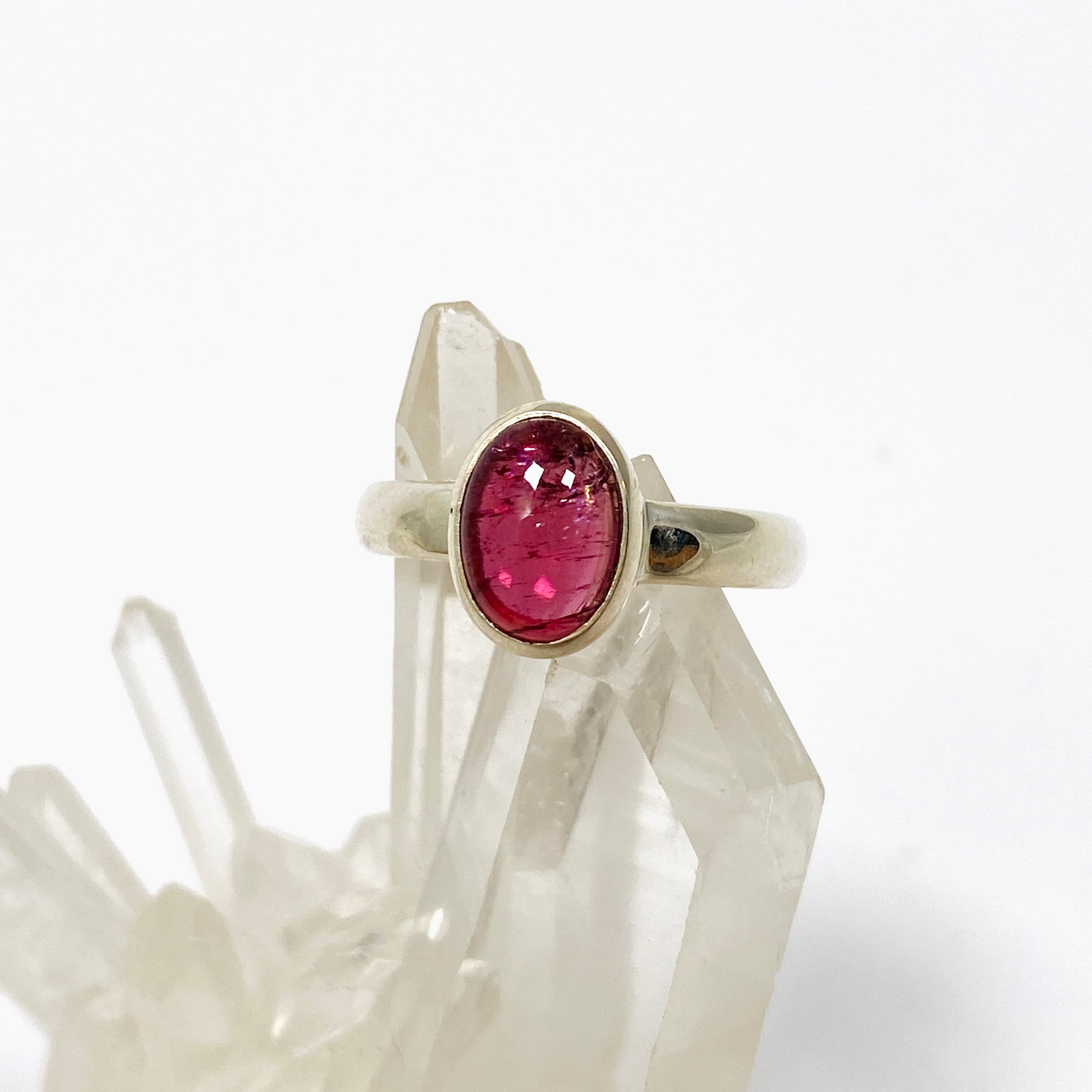 Natural Pink Tourmaline Oval Cabochon Sterling Silver Ring Size 6.5 - Elegant Birthstone Jewelry for Women, Perfect for Valentine's Day Gift & Everyday Wear