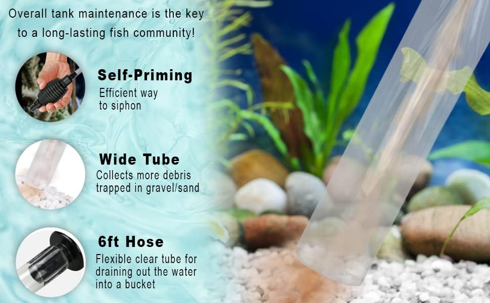 SunGrow Manual Aquarium Gravel Cleaner Siphon Vacuum - Fish Tank Water Changer Kit with Hose & Priming Bulb for Gravel & Sand Cleaning (Black) | Perfect for Freshwater & Saltwater Tanks, Easy Maintenance for Small to Medium Aquariums