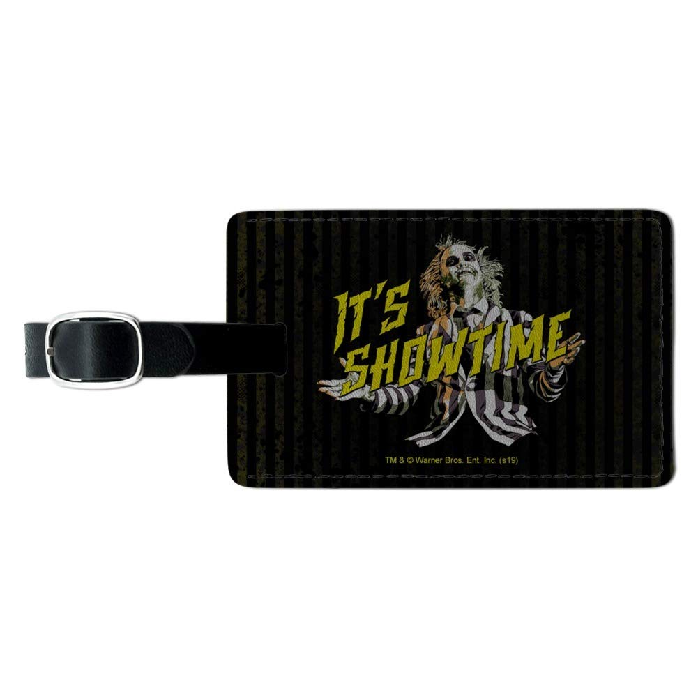 Beetlejuice It's Showtime Rectangle Leather Luggage Tag - Stylish Carry-On ID Tag for Travel Bags & Suitcases - Perfect for Airports, Vacations & Business Trips