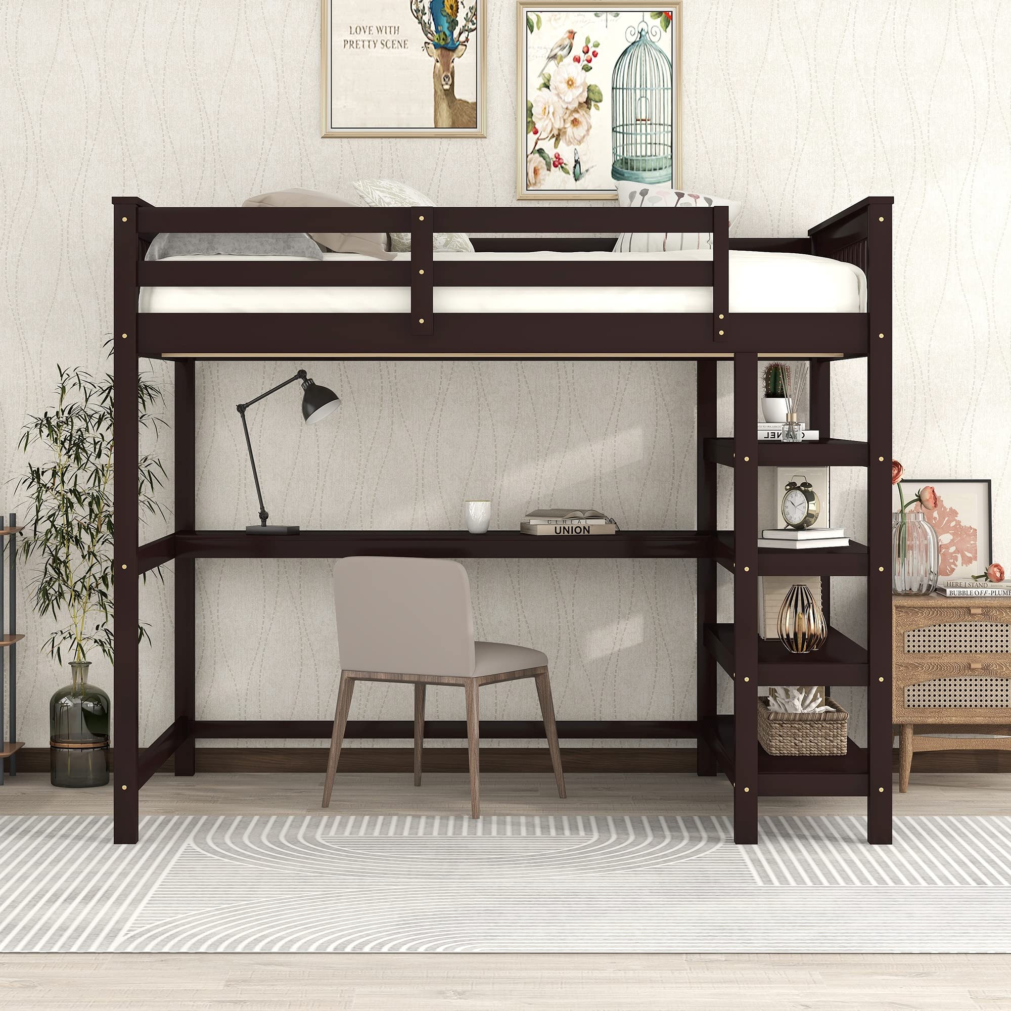 Bellemave Full Size Wooden Loft Bed with Built-in Desk & 4-Shelf Bookcase - Sturdy Storage Loft Bed for Teens, Kids, Dorm Rooms - Espresso Finish - Perfect for Small Spaces & Study Areas