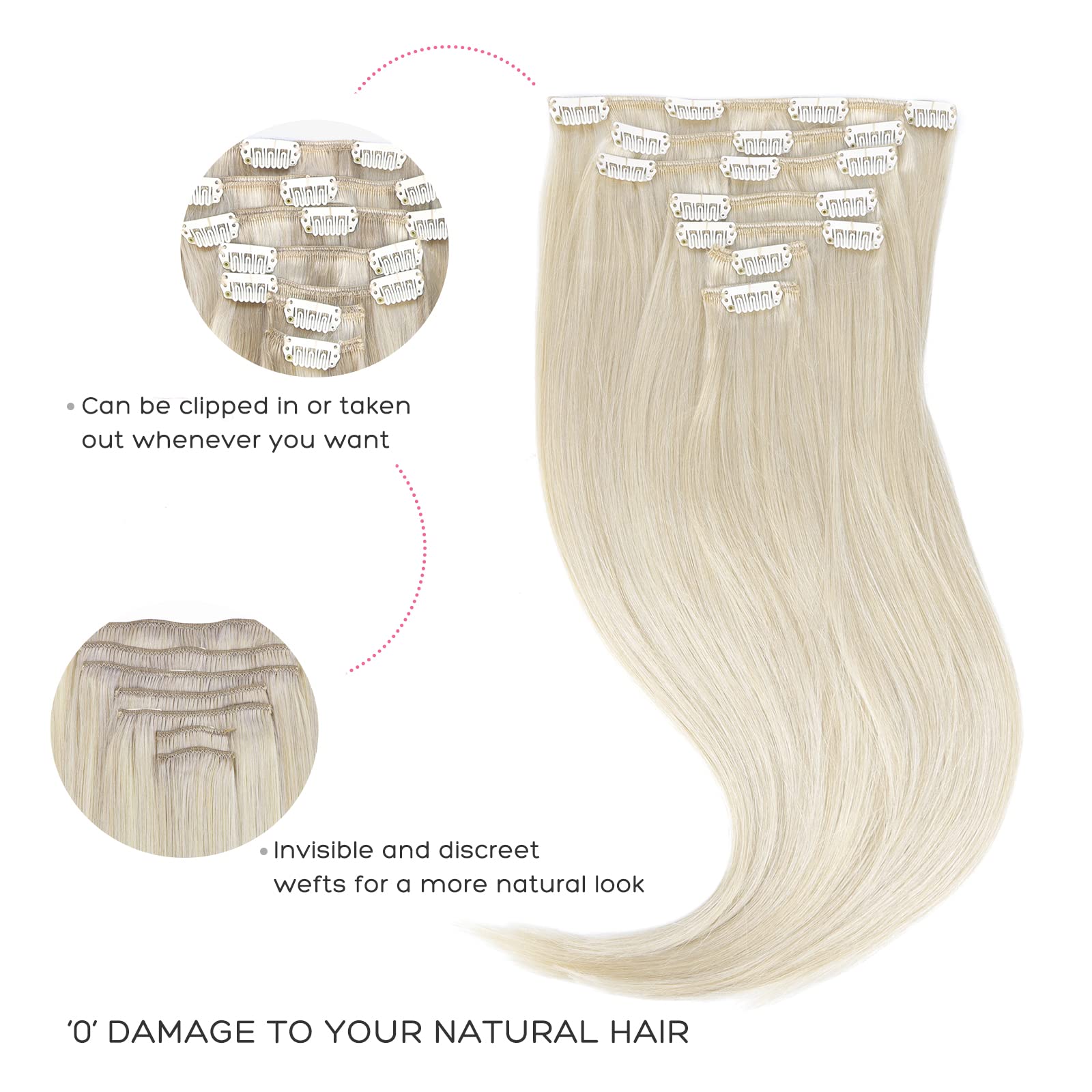 Marat Clip-In Human Hair Extensions 18 Inch 120g - Platinum Blonde Straight Removable Hair Extensions for Women | Perfect for Parties, Weddings & Daily Styling