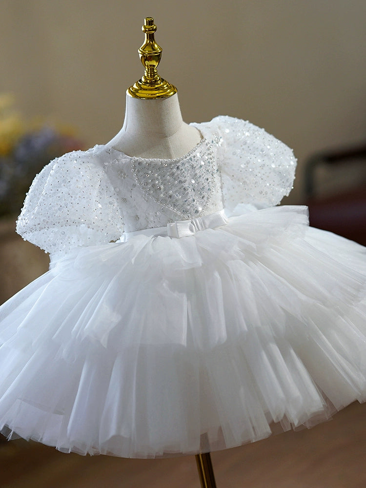 Princess Scoop Neck Tea Length Tulle Flower Girl Dress - White Bridesmaid Dress for Weddings, Flower Girls, and Special Occasions