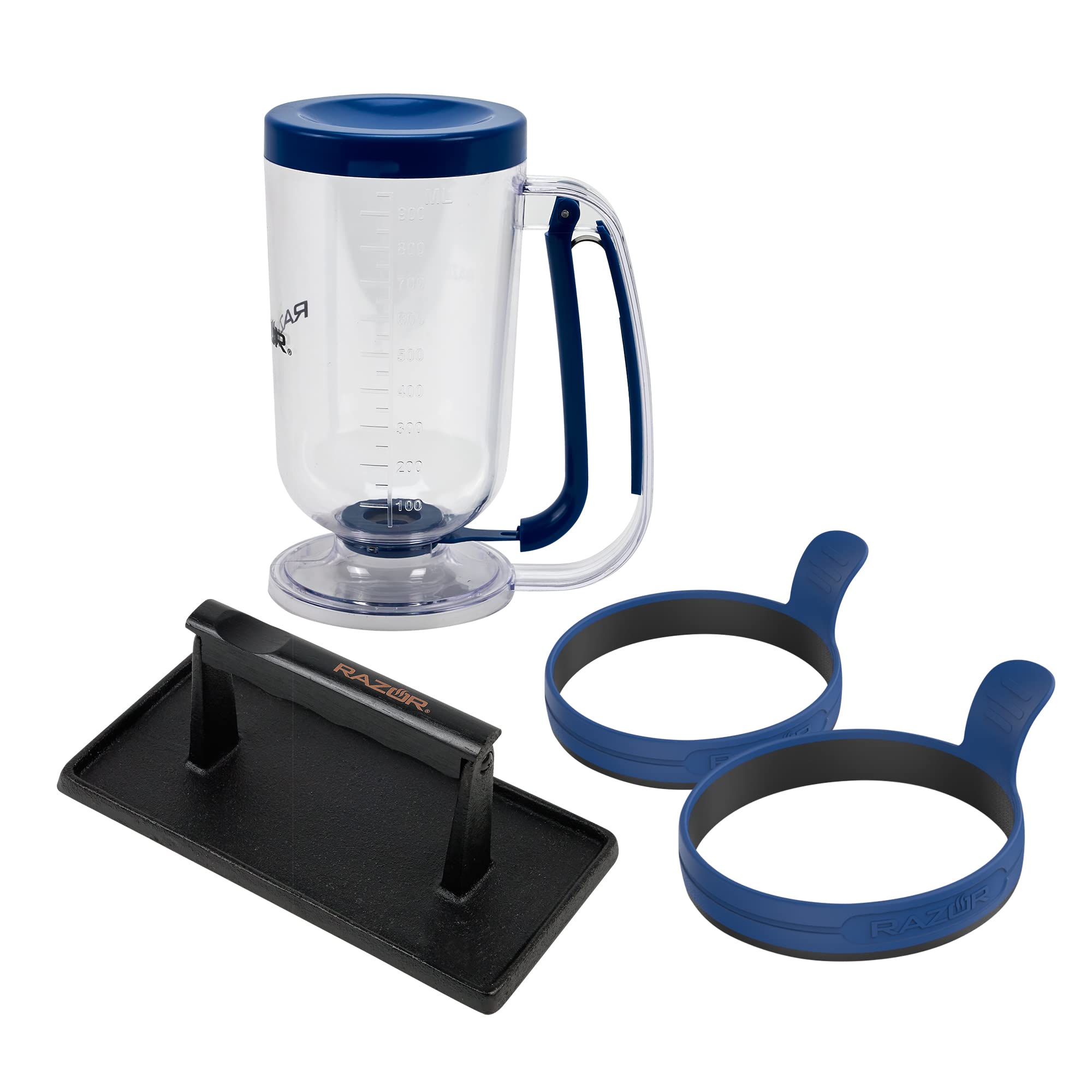 RAZOR 4-Piece Breakfast Kit for Griddle - Pancake Batter Dispenser, 2 Silicone Egg Rings & Cast Iron Griddle Press | Perfect for Camping, RV Trips & Outdoor Cooking | Non-Stick Cooking Accessories for Pancakes, Eggs & Sandwiches