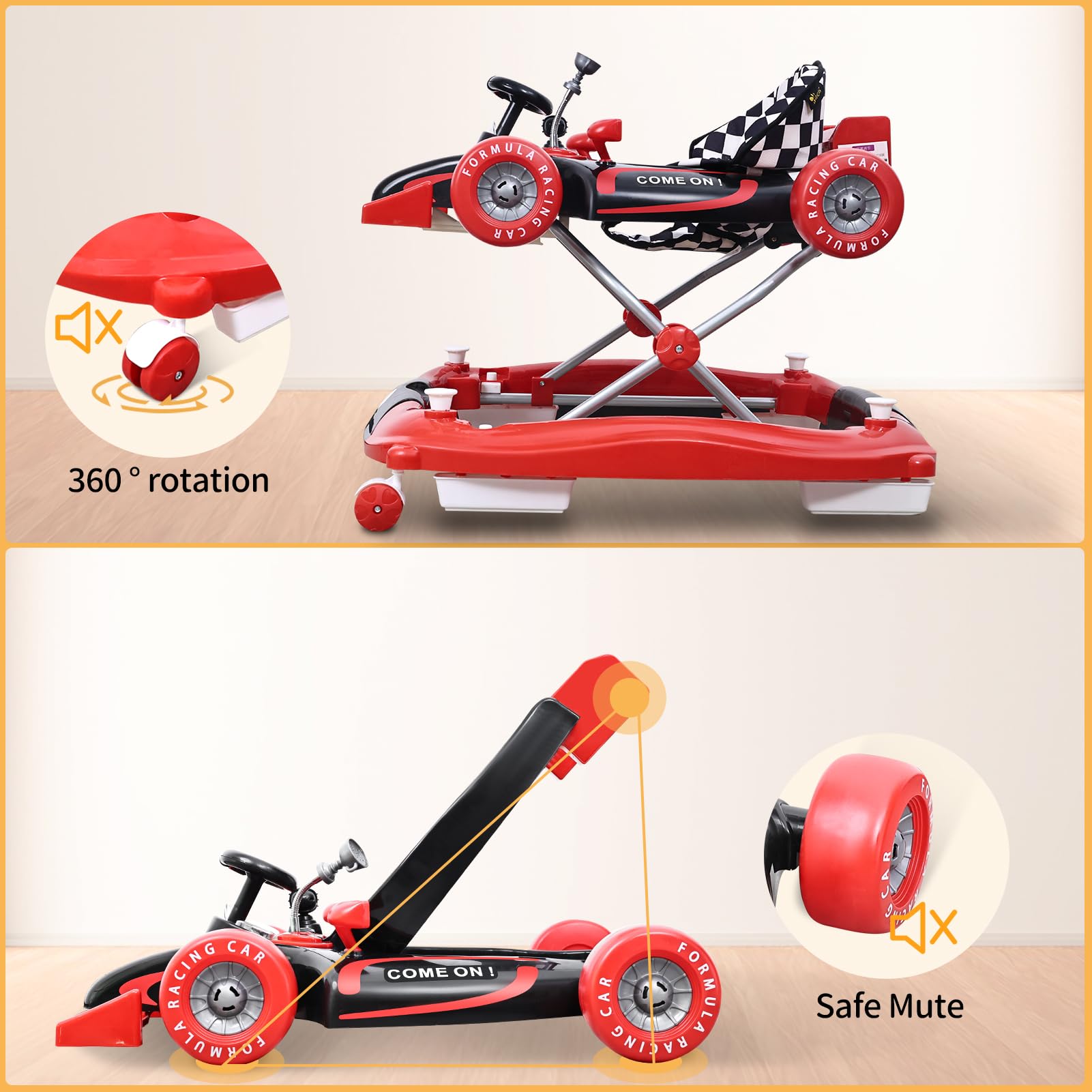 Baby Walker with Wheels & Activity Center - Anti-Rollover Design, Adjustable Height (4 Levels), Foldable & Comfortable Seat with Footrest | Includes Steering Wheel, Music & Lights for Boys & Girls 6-18 Months | Perfect for Learning to Walk & Indoor Playtime