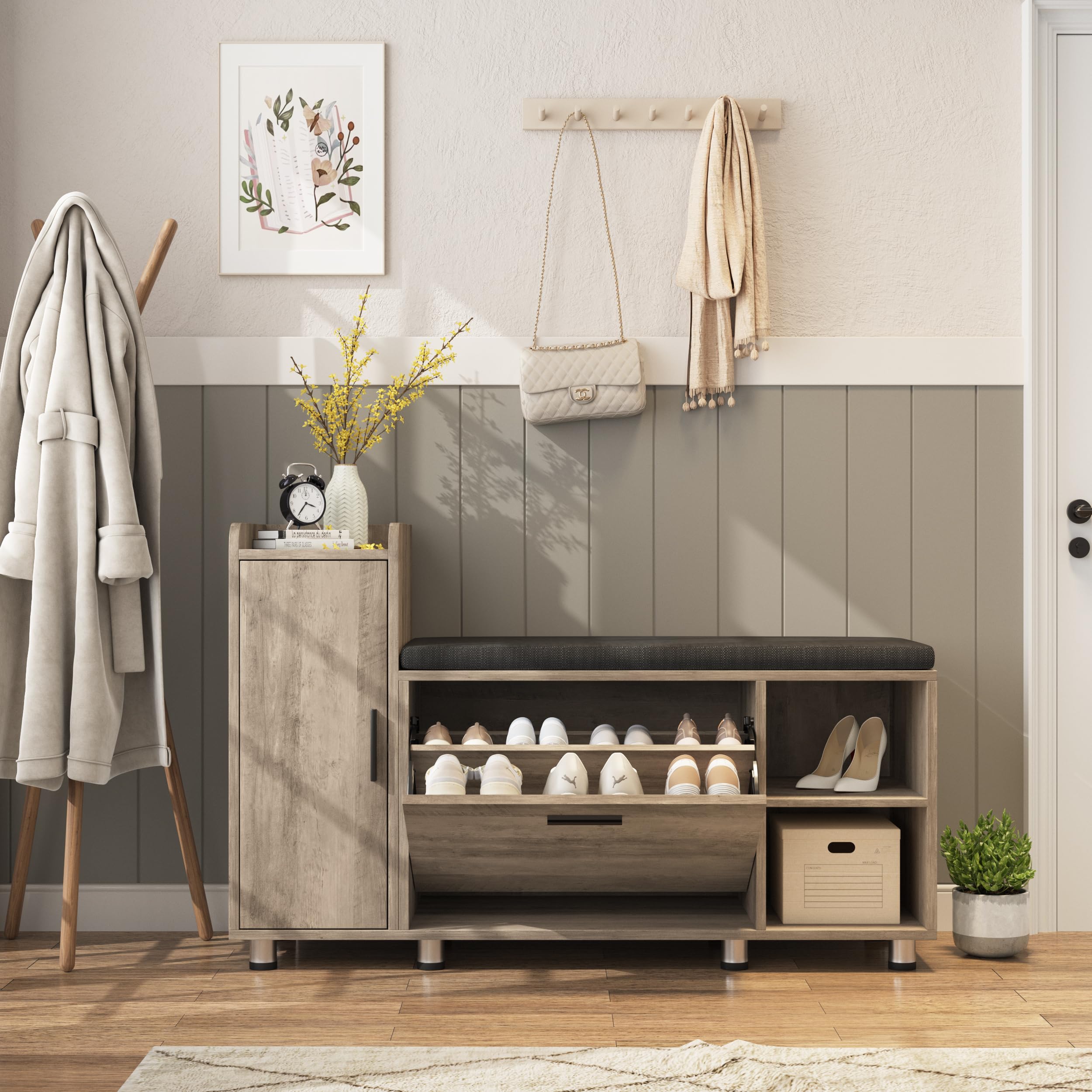 Maupvit Shoe Storage Bench with Flip Drawer Shoe Cabinet - 8 Height Adjustable Metal Feet, Entryway Bench with Removable Seat Cushion - Shoe Organizer for Hallway, Living Room & Bedroom - Washed Gray Modern Entry Furniture