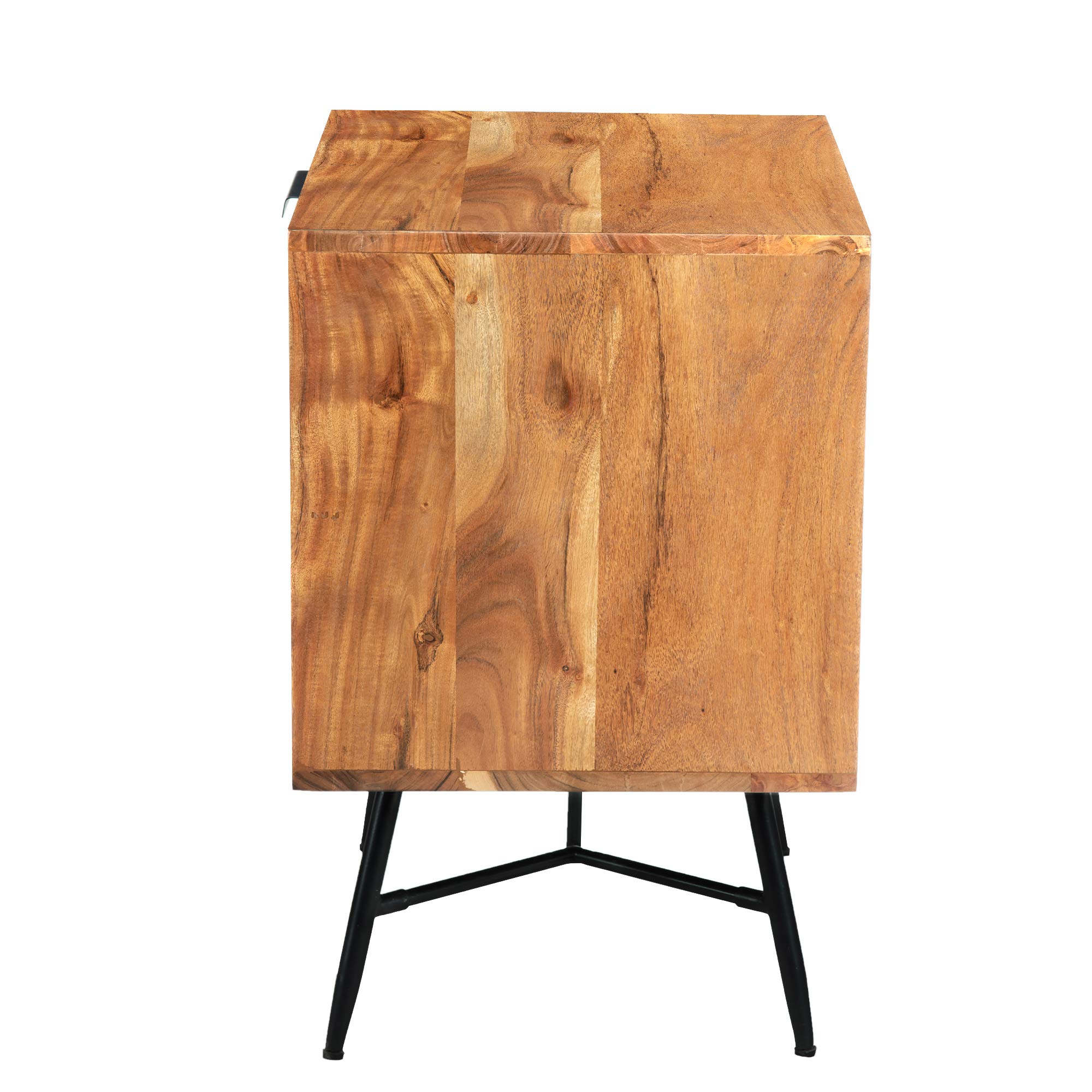 Modern Two-Drawer Wooden Nightstand with Angled Metal Legs - Brown & Black Finish | Bedside Table for Bedroom, Living Room, or Office