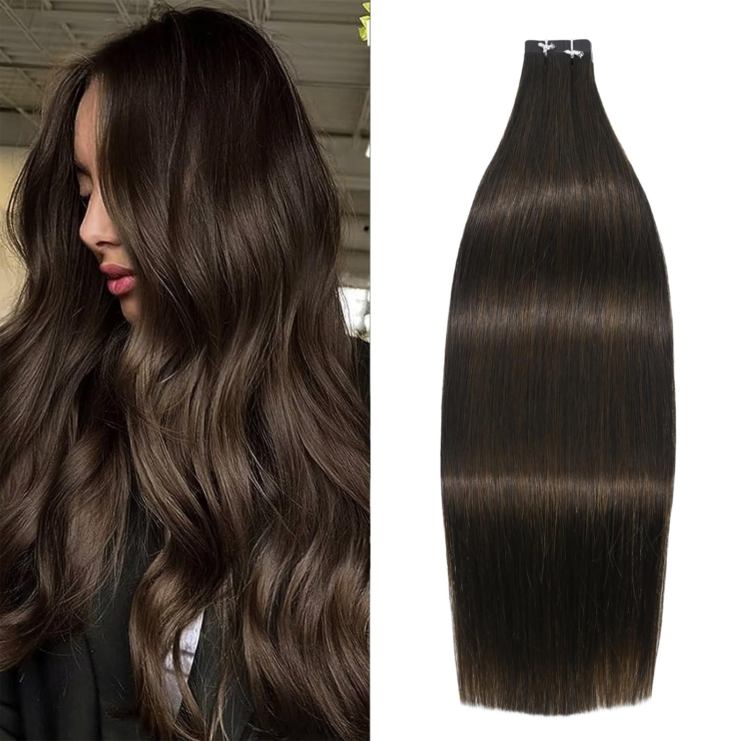 WindTouch Dark Brown Tape in Hair Extensions for Women - 20pcs 14Inch Seamless Skin Weft Real Human Remy Hair (50g) | Brunette Straight Extensions for Thickening & Styling | Perfect for Weddings, Parties & Daily Volume Boost
