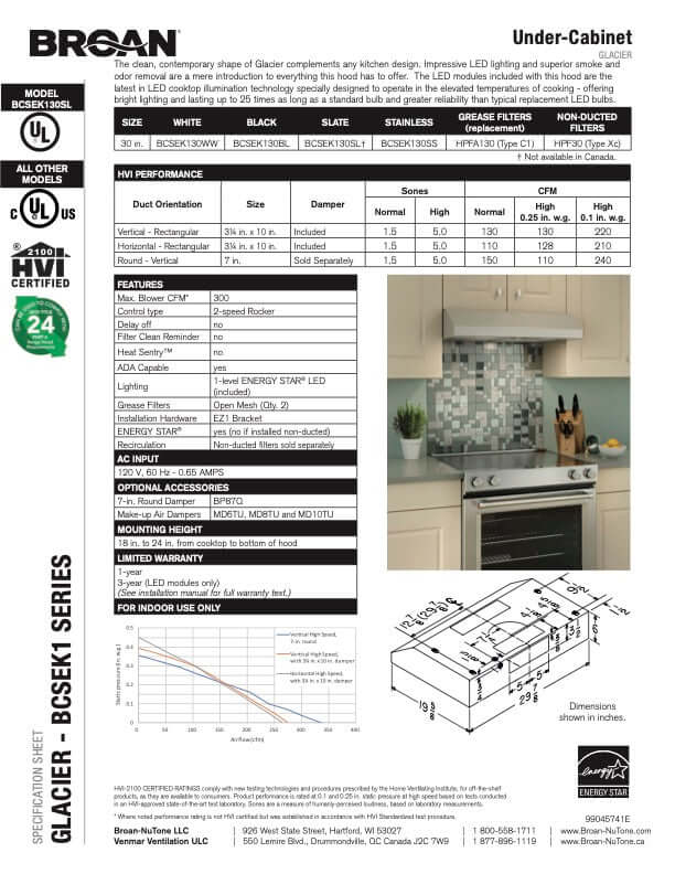 Broan 30-Inch Glacier BCSEK1 Series Under Cabinet Range Hood - Stainless Steel & Color Options (BCSEK130) | Powerful Kitchen Ventilation for Smoke & Odor Removal | Perfect for Modern Home Cooking