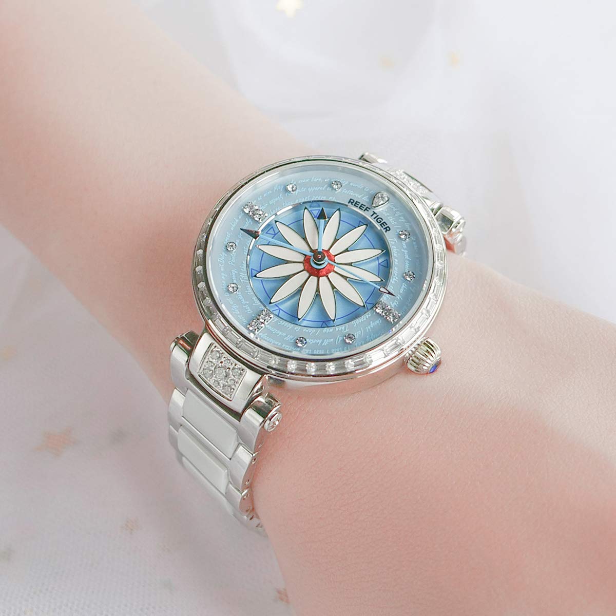 REEF TIGER RGA1599 Women's Luxury Automatic Watch with Diamond Bezel - Elegant Lily Design for Business, Party & Everyday Wear