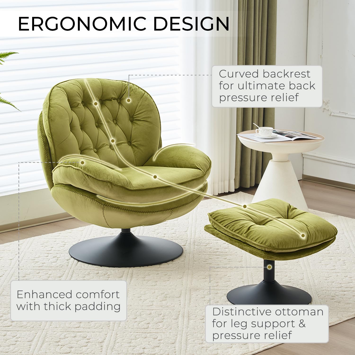 Velvet Swivel Accent Chair with Ottoman Set - Modern Tufted Armchair with Footrest for Living Room, Bedroom & Office - 360-Degree Swivel Reading TV Chair for Adults - Olive Green Chaise Lounge - Perfect for Relaxing, Entertaining & Small Spaces