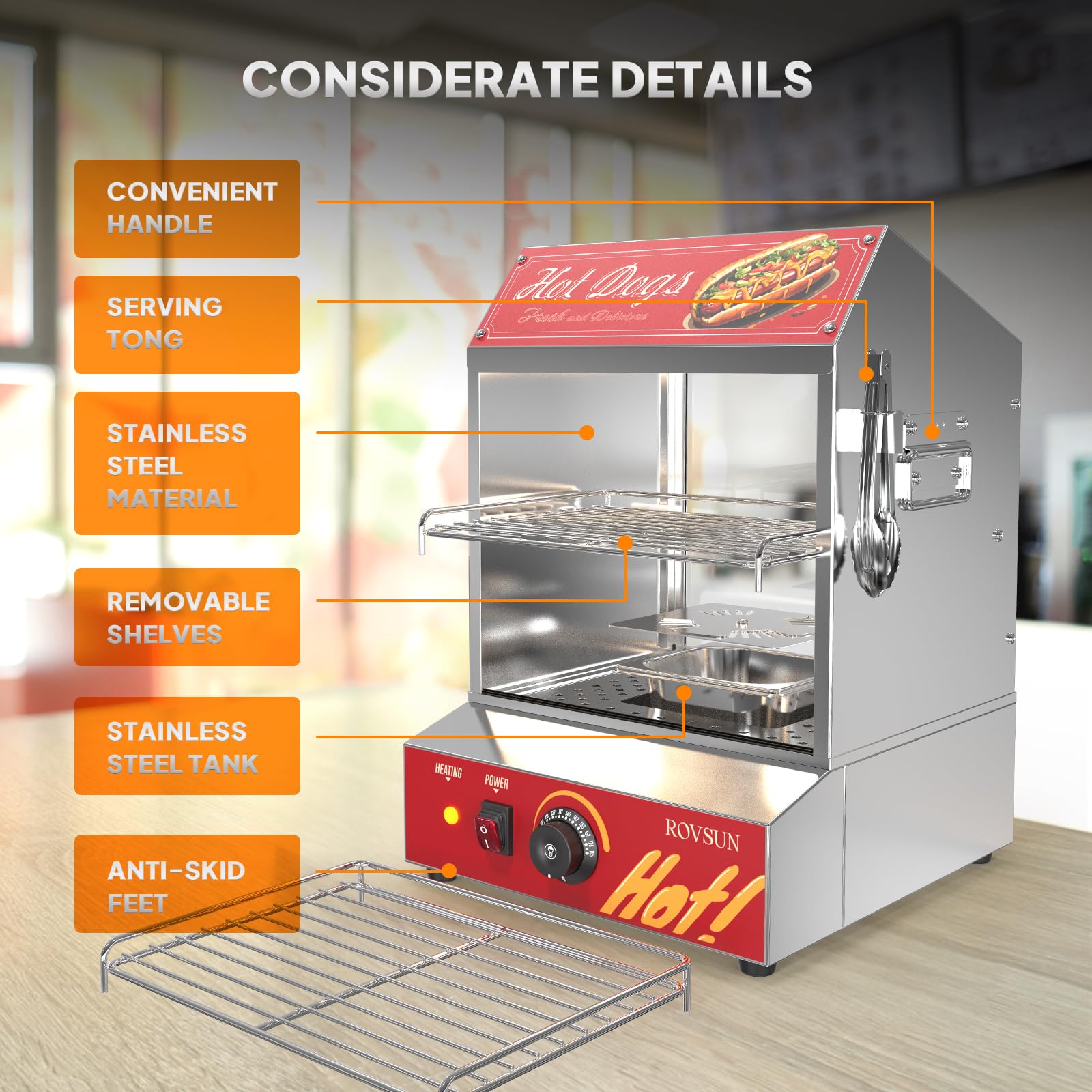 ROVSUN 42.3QT/40L Commercial Hot Dog Steamer - 2-Tier Hot Dog Warmer with Bun Heater for 235 Hot Dogs & 50 Buns - Removable Shelves & Food Clip - Perfect for Parties, Events, Concession Stands & Food Trucks