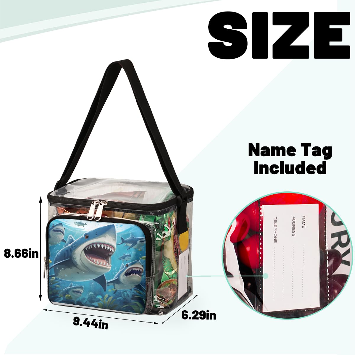 GzLeyigou Clear Shark Tote Bag with Handles - Transparent Crossbody Shoulder Bag for Lunch, Beach, Travel, Picnic, Concerts & Sports Events - Stadium Approved Shark Themed Purse for Women & Teens - Perfect for Outdoor Activities, Theme Parties & Water Park Adventures