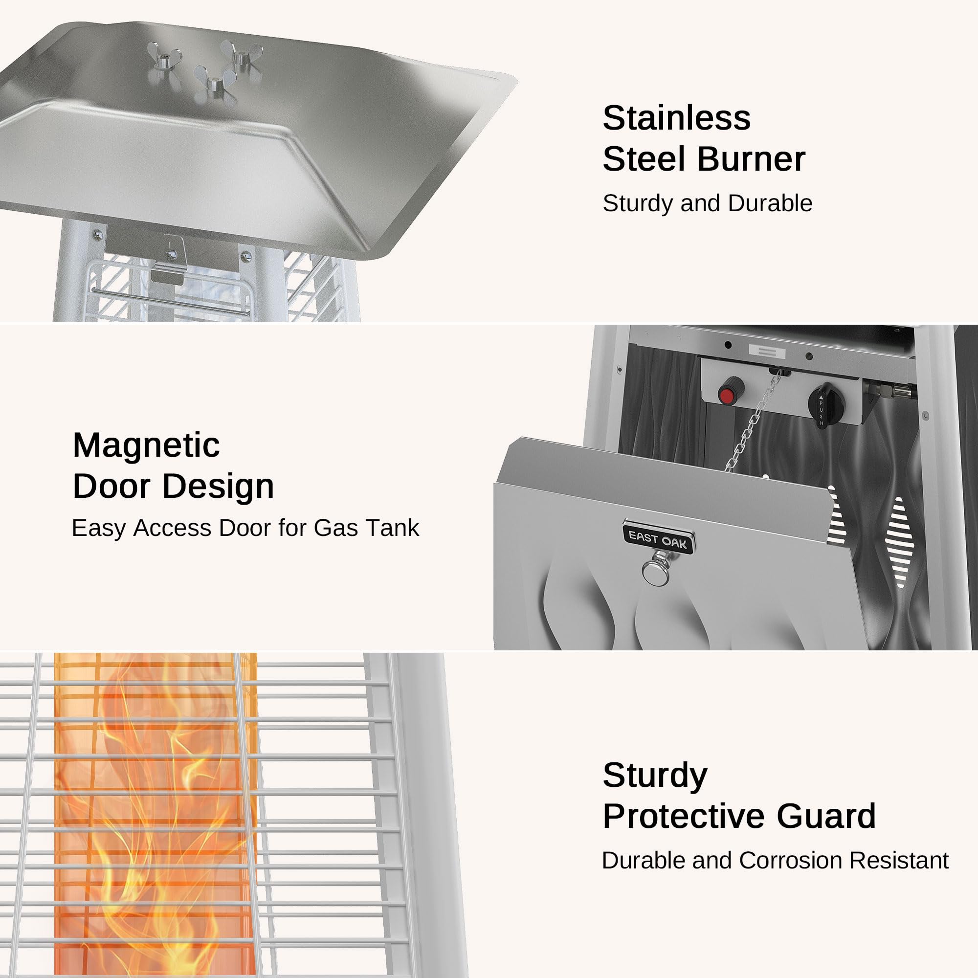 EAST OAK 48,000 BTU Stainless Steel Pyramid Patio Heater with Quartz Glass Tube - Triple Protection System & Wheels - Outdoor Propane Heater for Restaurants, Backyard, Deck, Garden - Commercial & Residential Use