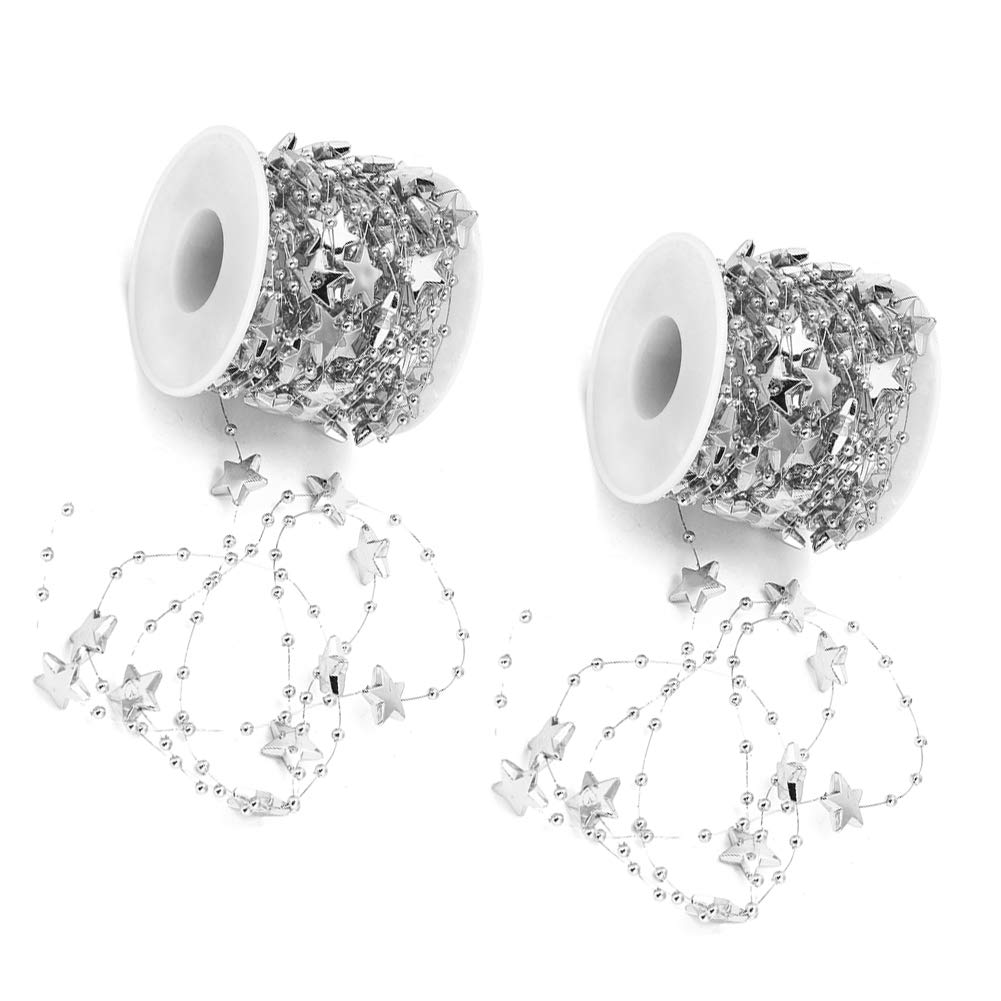 Oumij1 10m Silver Five-Pointed Star Pearl Bead String - DIY Jewelry Making, Christmas Tree Decorations, Wedding Party Garland, Festival Craft Supplies (10 Meters per Roll)