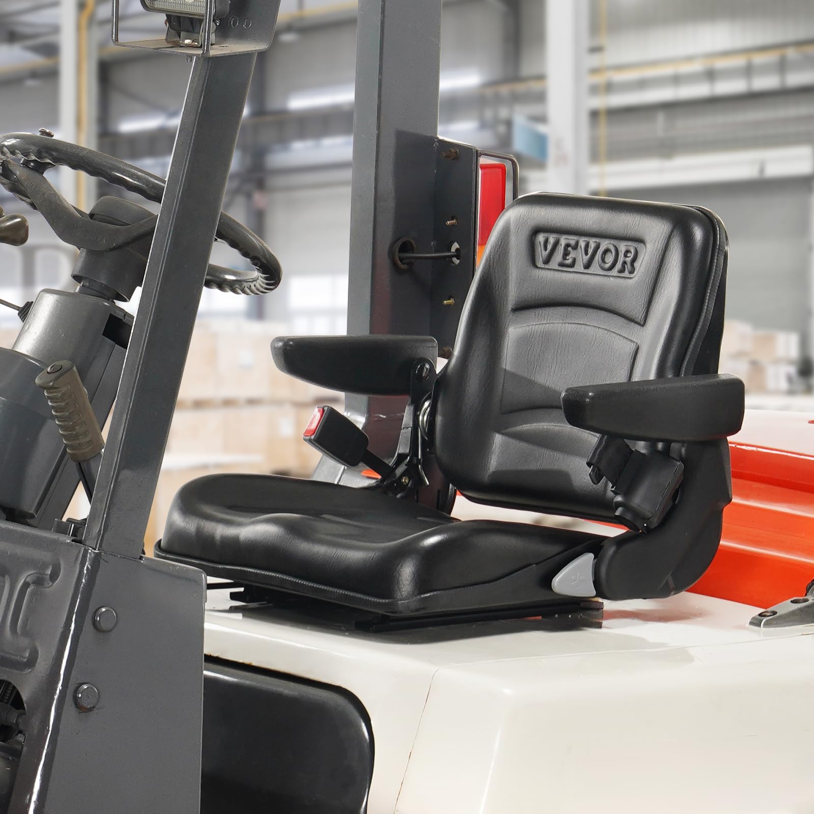 VEVOR Universal Forklift Seat - Adjustable Angle Back, Fold Down Tractor Seat with Micro Switch, Seatbelt & Armrests - Fits 6.3-13.4 inch Slot for Tractor, Loader, Excavator - Perfect for Construction, Farming & Heavy Equipment Operations