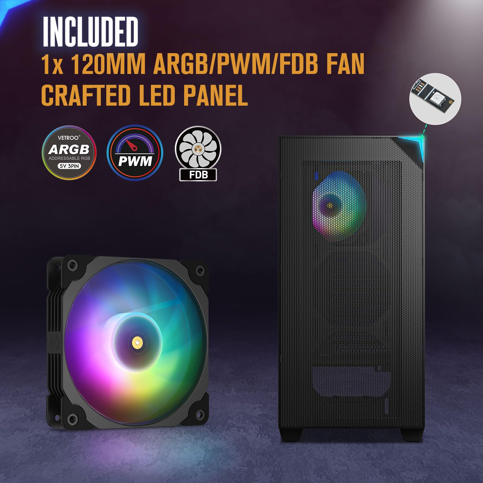 VETROO AL800 Full Tower PC Case - Tempered Glass Door Design, E-ATX/ATX Motherboard Support, Adjustable LED Lighting, Pre-Installed ARGB & PWM FDB Fan, Compatible with RTX 40 Series GPUs - Black | High Airflow Gaming PC Case for Streaming & Content Creation