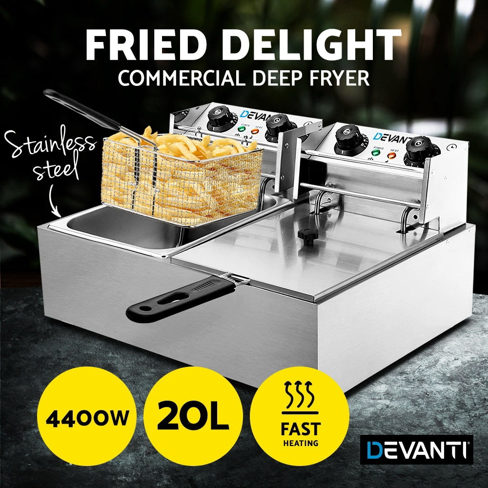 Devanti 20L Commercial Deep Fryer with Double Baskets - 4400W Electric Deep Fryer for Restaurants, Food Trucks & Catering - Perfect for Frying Chicken, Fish, Fries & More