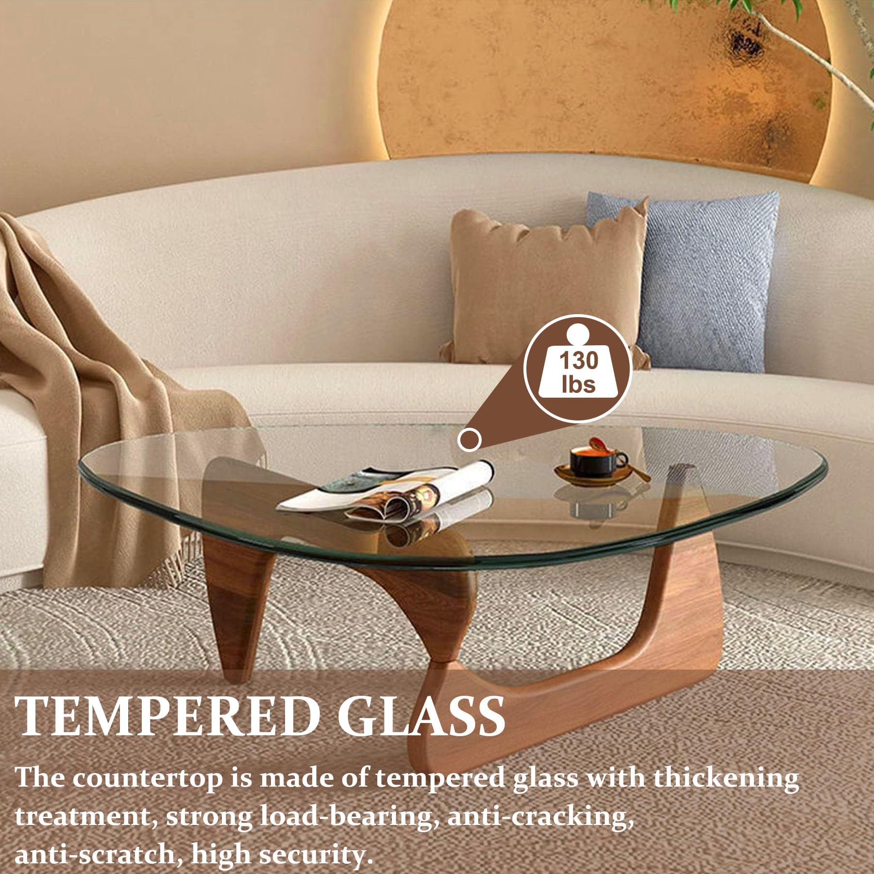 Mid-Century Modern Triangle Coffee Table with Glass Top & Natural Wood Base - Abstract End Table for Living Room, Patio, Office - Walnut/Brown, Small 32.2