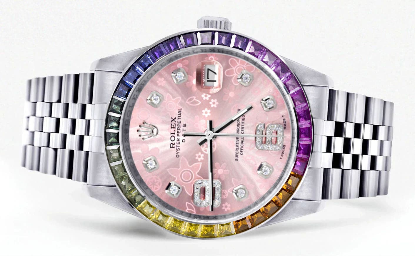 Luxury Diamond Gold Rolex Watch For Men 16200 | 36mm Stainless Steel | Rainbow Sapphire Bezel | Pink Flower Diamond Dial | Jubilee Bracelet | Perfect for Gifts, Weddings & Special Occasions