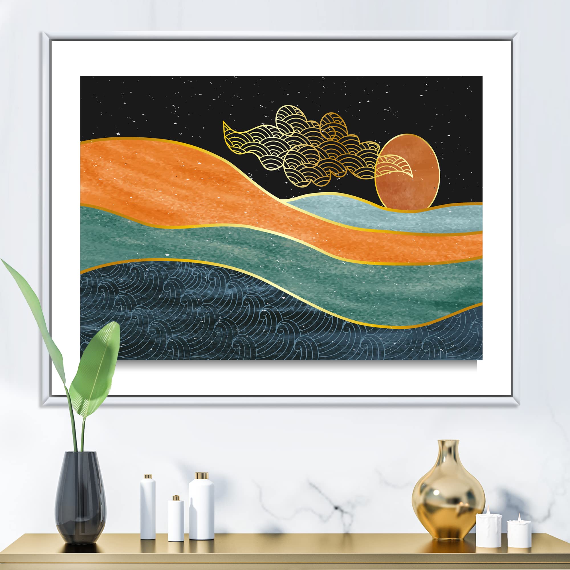 DesignQ Abstract Nature Sea Sky Sun Mountain Landscape - Modern Framed Canvas Wall Art Print for Living Room, Bedroom & Office Decor