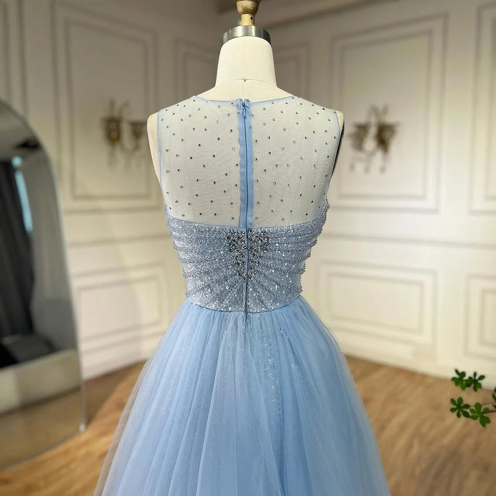 Sparkling Crystal Blue Evening Gown with Detachable Overskirt LA72588 - Elegant Prom Dress for Formal Events & Wedding Guest Attire
