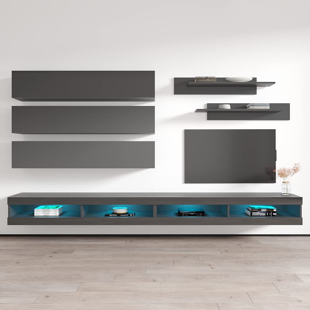 Modern Gray Wall-Mounted TV Stand with Storage Shelves & LED Lights - Floating Entertainment Center Console for Living Room & Bedroom - Meble Furniture Fly J1 34TV Stand - Perfect for Small Spaces, Apartments, and Home Theater Setups