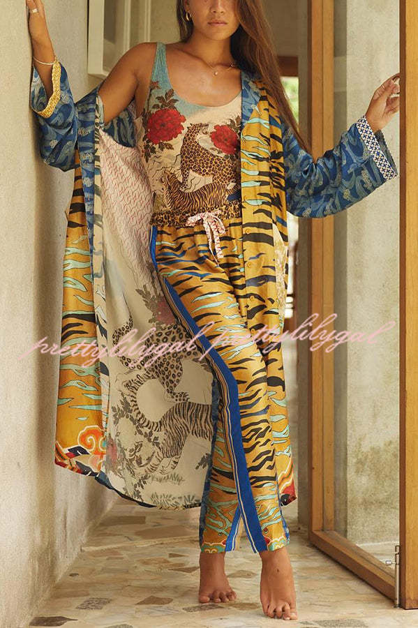 Exotic Tropical Jungle Tiger Print Long Sleeve Belted Kimono Coat with Pockets - Boho Chic Outerwear for Women, Perfect for Beach Cover-ups, Music Festivals & Casual Loungewear
