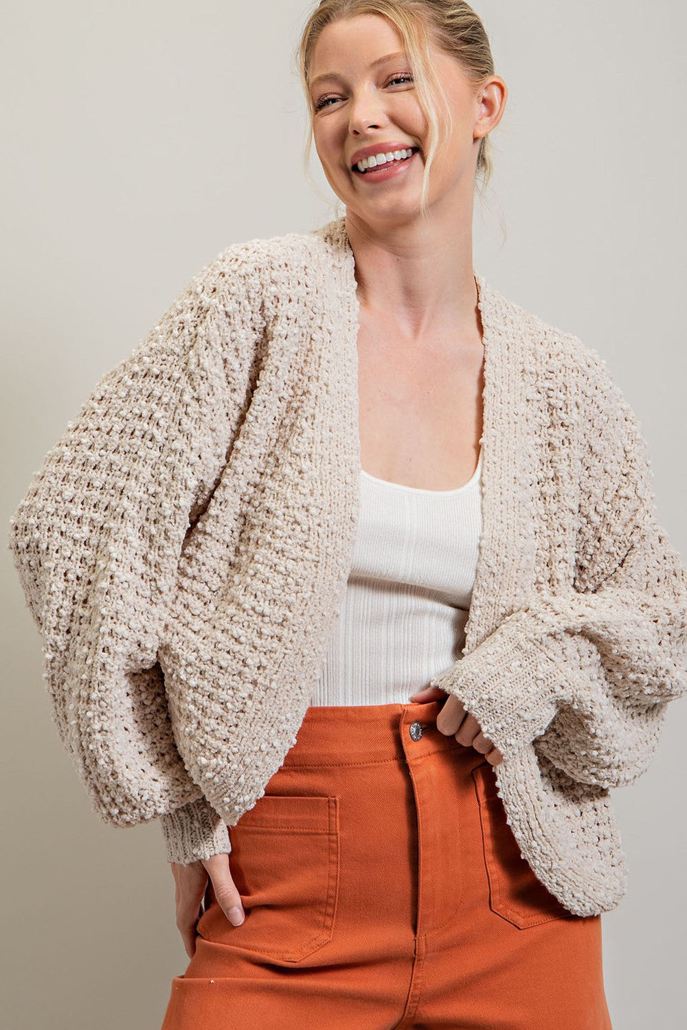 Beige Cropped Chunky Open Knit Cardigan for Women - Soft Oversized Sweater with Long Sleeves - Perfect for Fall Layering, Coffee Dates & Cozy Evenings