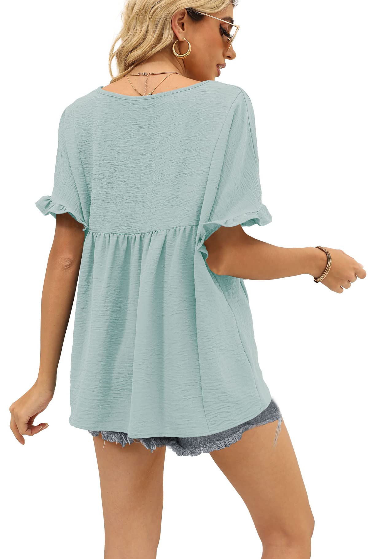 WIHOLL Women's Casual V-Neck Ruffle Sleeve T-Shirt - Loose Fit Babydoll Peplum Top for Everyday Wear & Summer Outfits