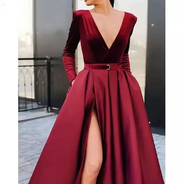 Elegant V-Neck Long Sleeve Satin Evening Dress with High Waist & Side Slit - Perfect for Prom, Party & Formal Occasions
