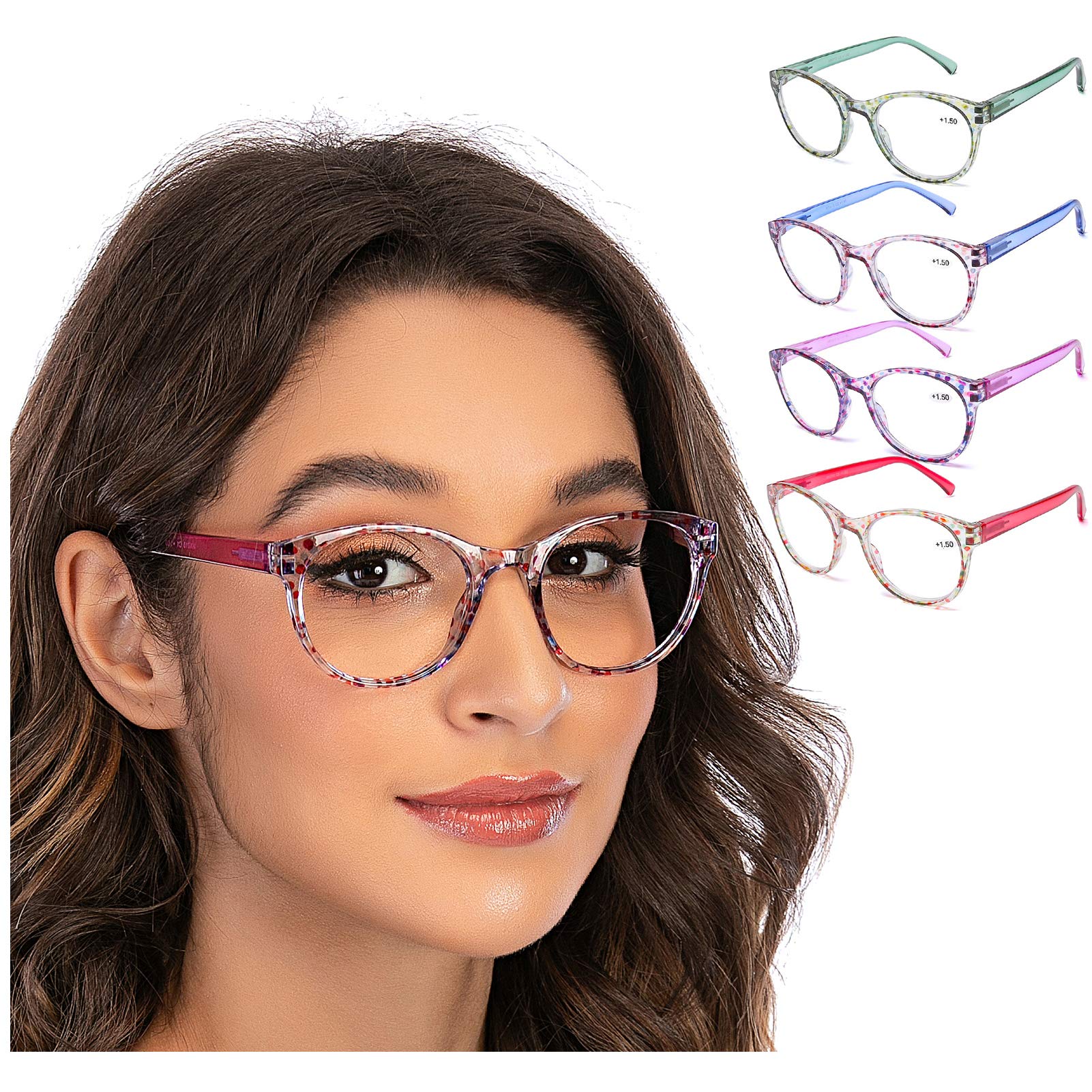 AQWANO Blue Light Blocking Computer Glasses - 4 Pack Round Frame Readers for Women, Anti Blue Ray & Reduce Eyestrain (1.0 Magnification) - Perfect for Office Work, Gaming & Screen Time