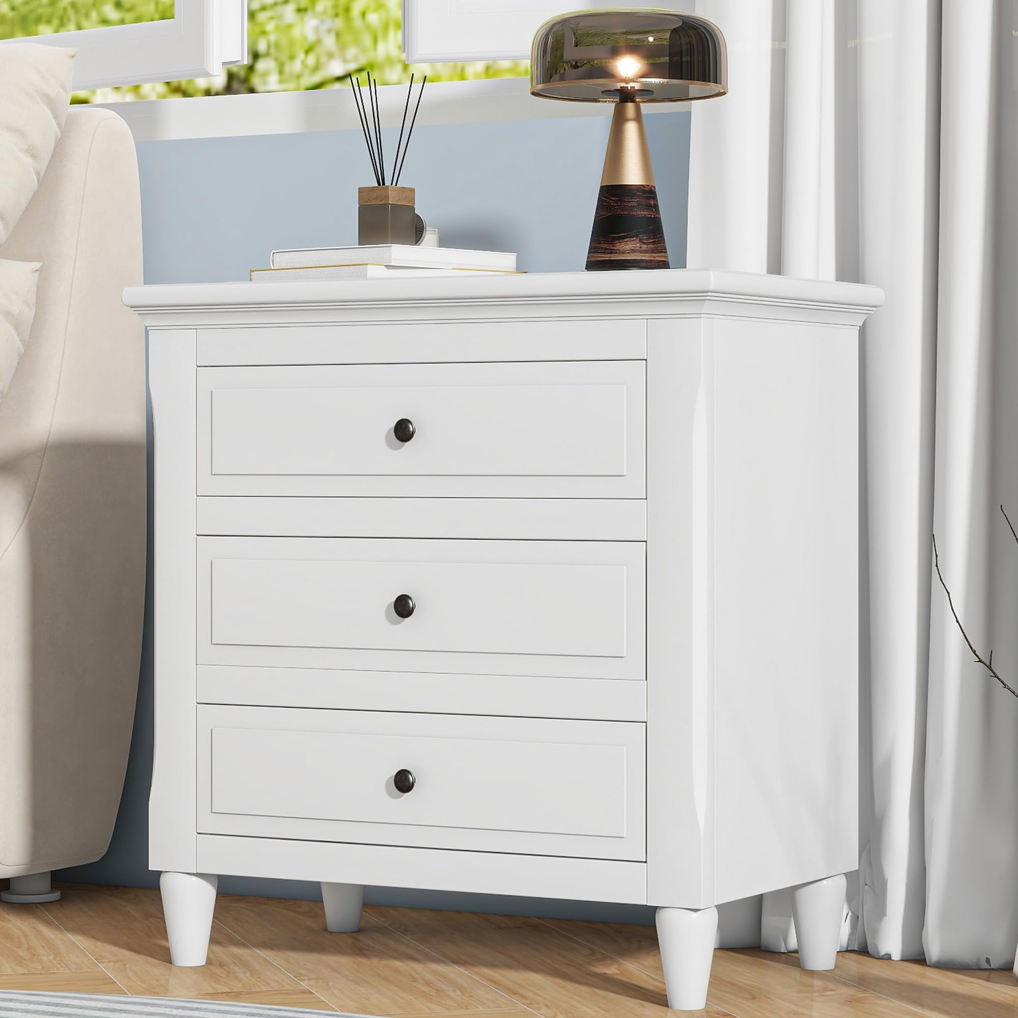 Modern White 3-Drawer Nightstand - Wooden Accent End Table with Storage for Bedroom, Living Room | Small Side Table for Bedside, Sofa & Home Decor
