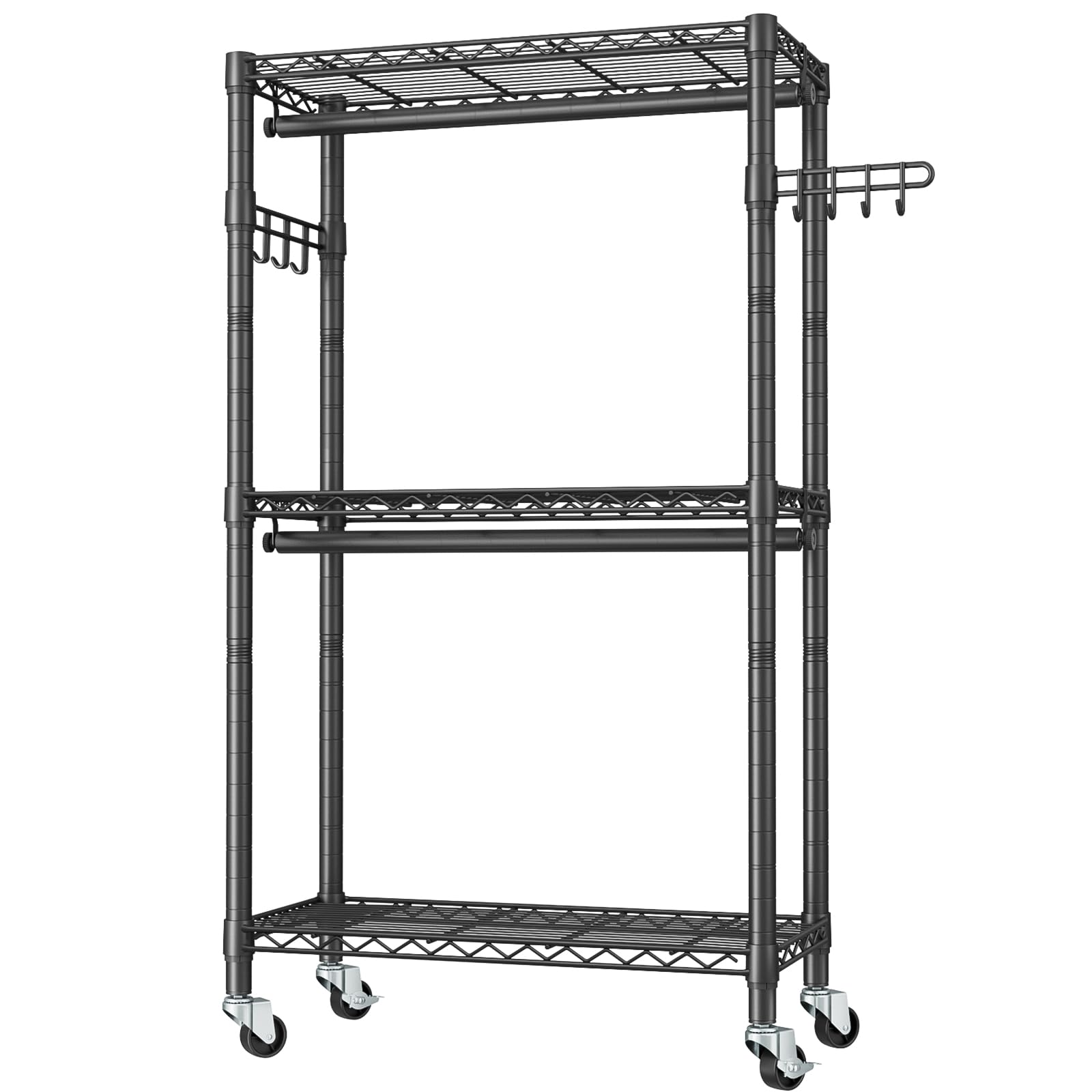 Heavy Duty Rolling Garment Rack with 3-Tier Adjustable Wire Shelves - Double Rods & Side Hooks for Hanging Clothes | Freestanding Wardrobe Storage | Portable Metal Closet Organizer for Bedroom, Laundry Room, or Retail Store