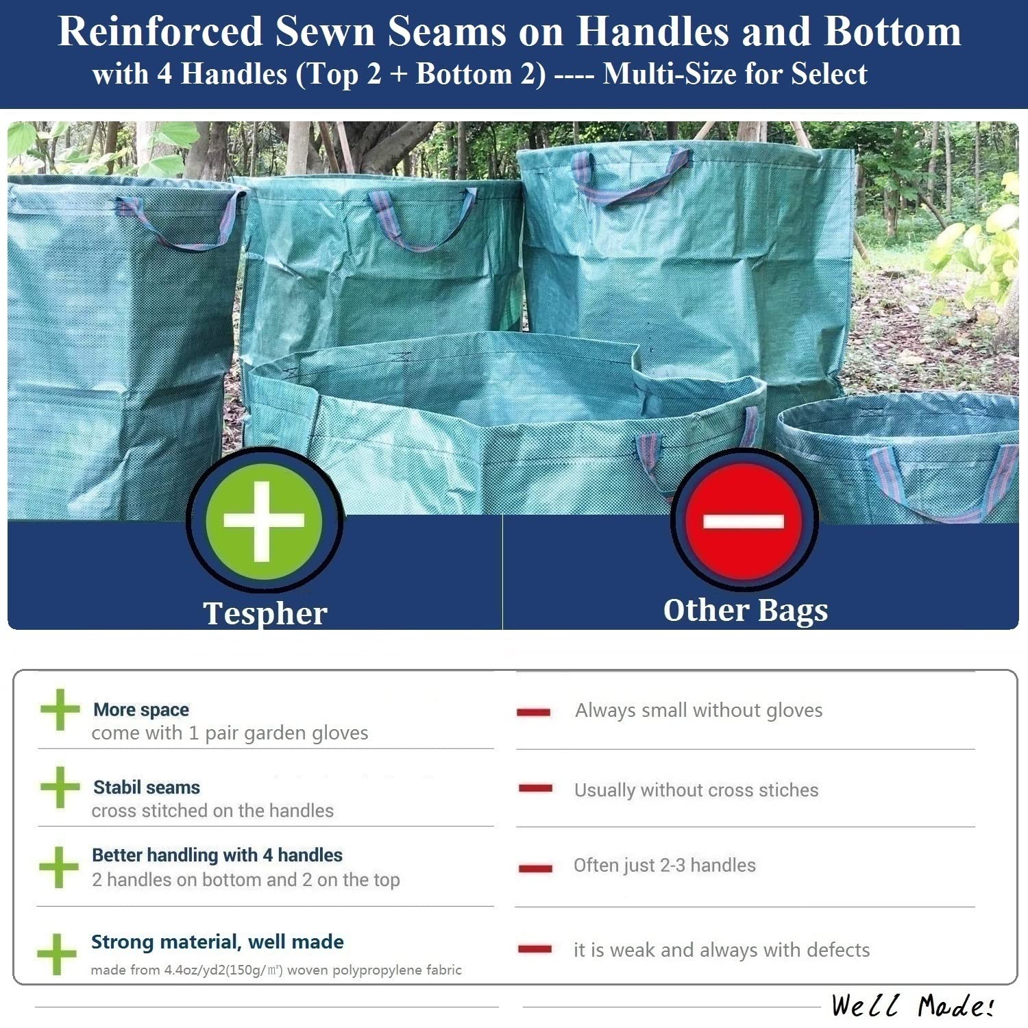 16 Gallon Heavy Duty Garden Waste Bags - 3 Pack with Coated Gardening Gloves | Durable Leaf Collection Bags, Patio Cleanup, Yard Waste Disposal, Reusable Trash Can & Laundry Container (18