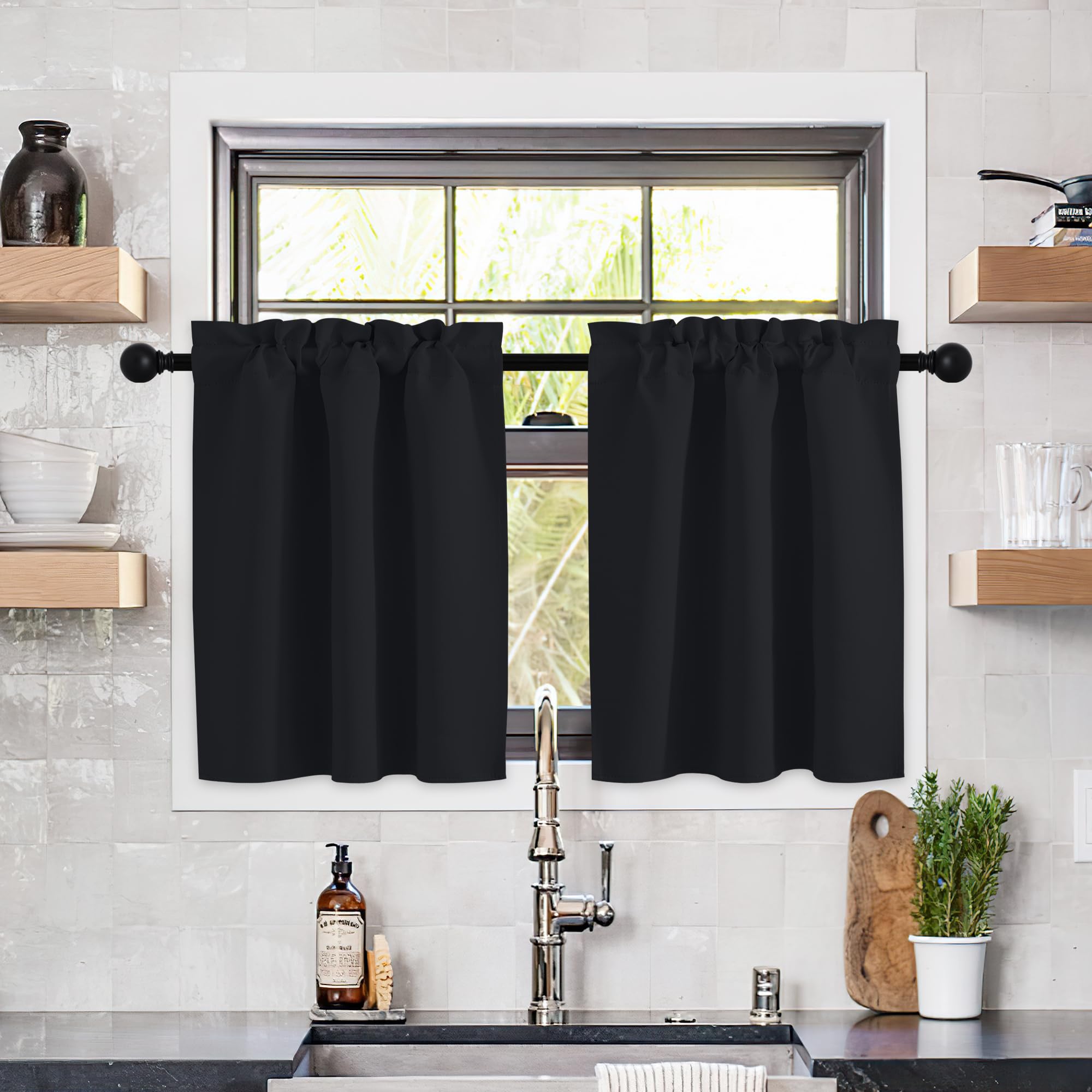 NICETOWN Blackout Kitchen Curtains for Sink Window - Thermal Insulated Rod Pocket Valances for Cabinet & Cupboard - Short Window Coverings for Small Windows (1 Pair, 29