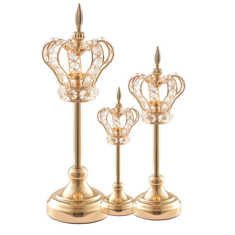 NC Creative Crown Crystal Candlestick Set - Large, Medium & Small (3 Pieces) - Elegant Wrought Iron Home Decor for Dining Table, Living Room, Wedding Centerpiece & Party Decoration - Perfect for Romantic Dinners, Holiday Celebrations & Special Events