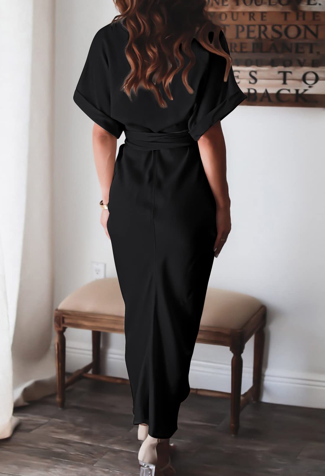 Elegant Women's Satin Button Down Short Sleeve Maxi Shirt Dress with Belt - Perfect for Summer Outings, Beach Vacations & Casual Office Wear