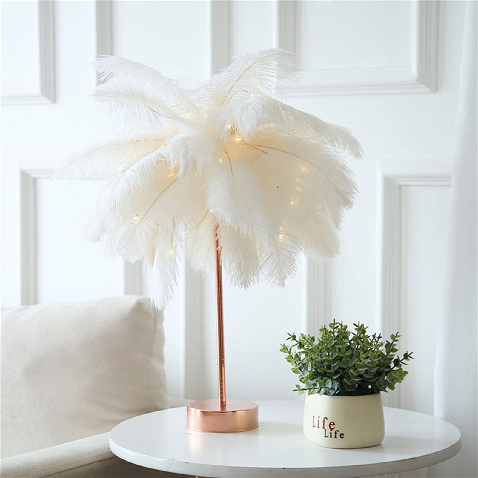 Remote Control Feather Table Lamp - USB/AA Battery Powered, Warm White Light, DIY Adjustable Lampshade for Bedroom, Living Room, Wedding & Home Decor | Perfect for Cozy Nights, Romantic Ambiance, and Stylish Interior Design