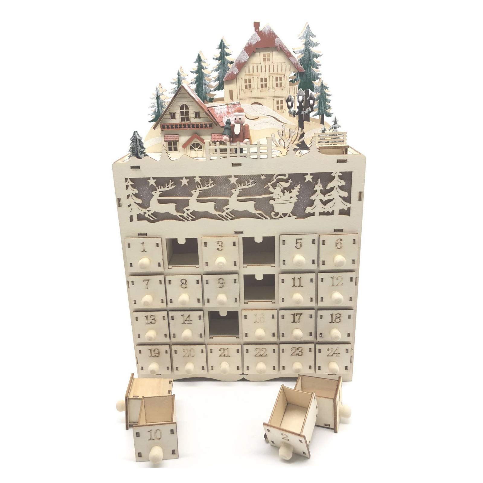 HELYZQ Wooden Advent Calendar with 24 Drawers & LED Lights - Christmas Countdown Decor for Home, Office, and Holiday Party Decoration