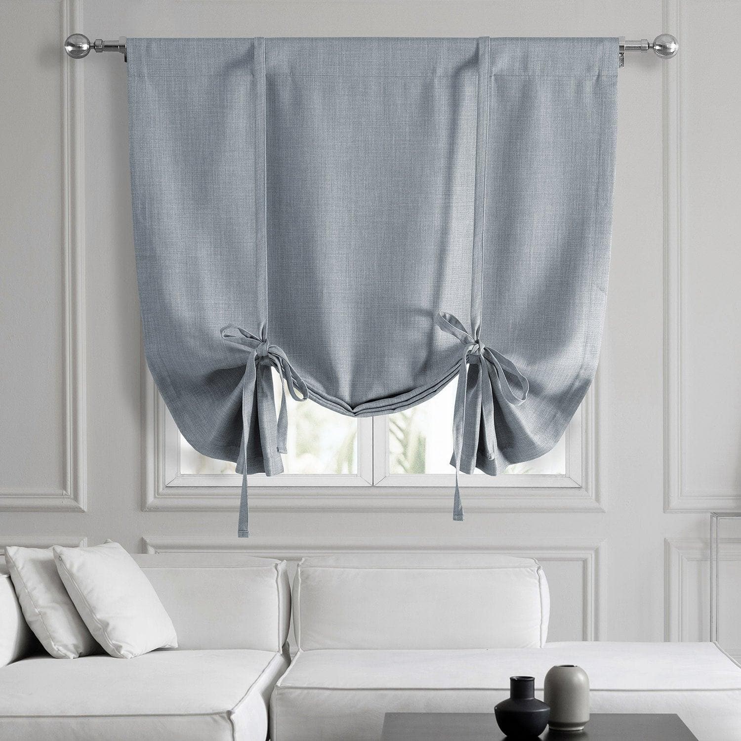 Textured Heather Grey Faux Linen Blackout Window Shade - Room Darkening Tie-Up Curtain for Bedroom, Nursery & Home Office