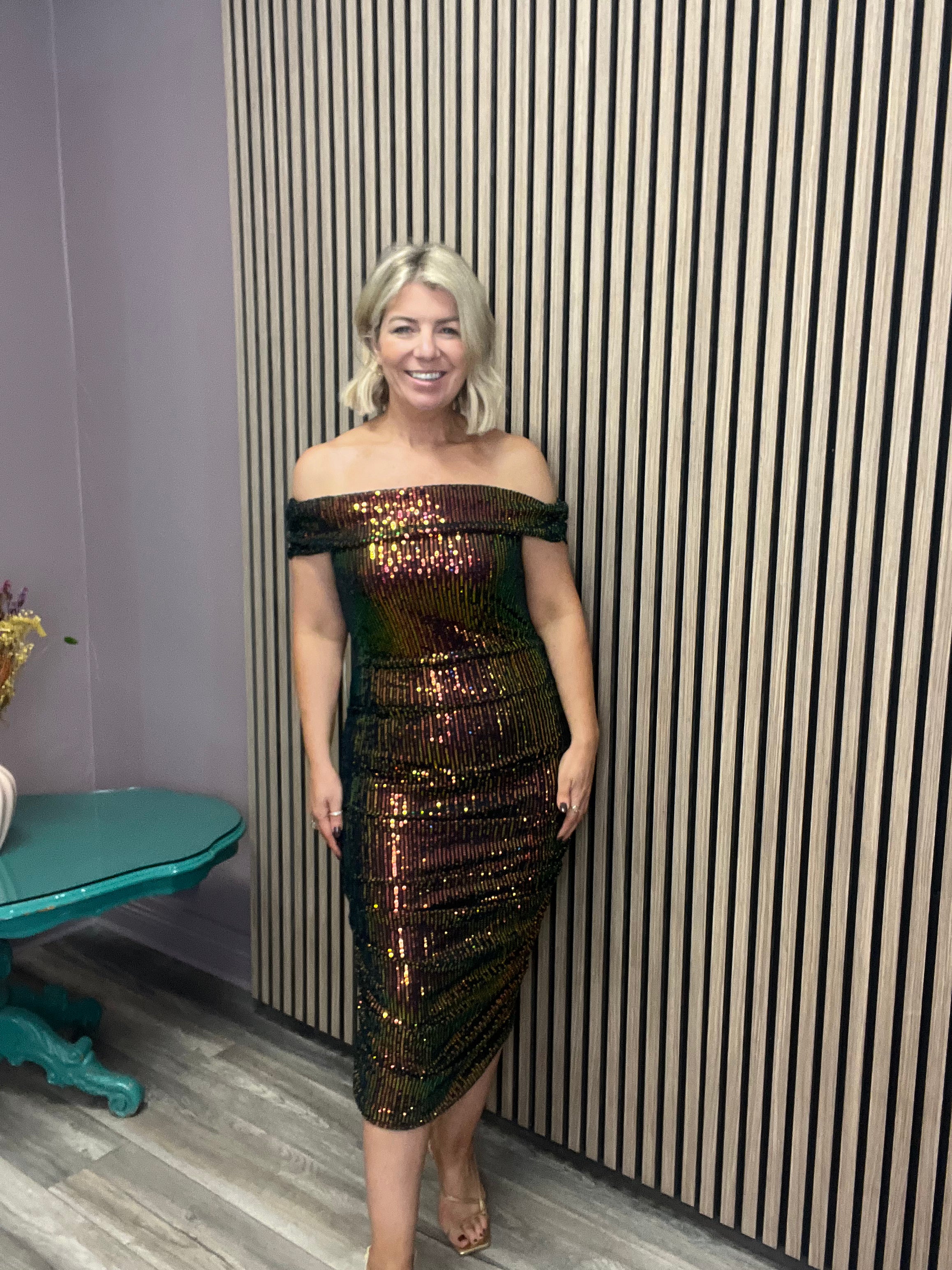 HOXTON Sequin Bardot Midi Dress for Women - Elegant Party & Evening Wear - Perfect for Weddings, Cocktails & Special Occasions