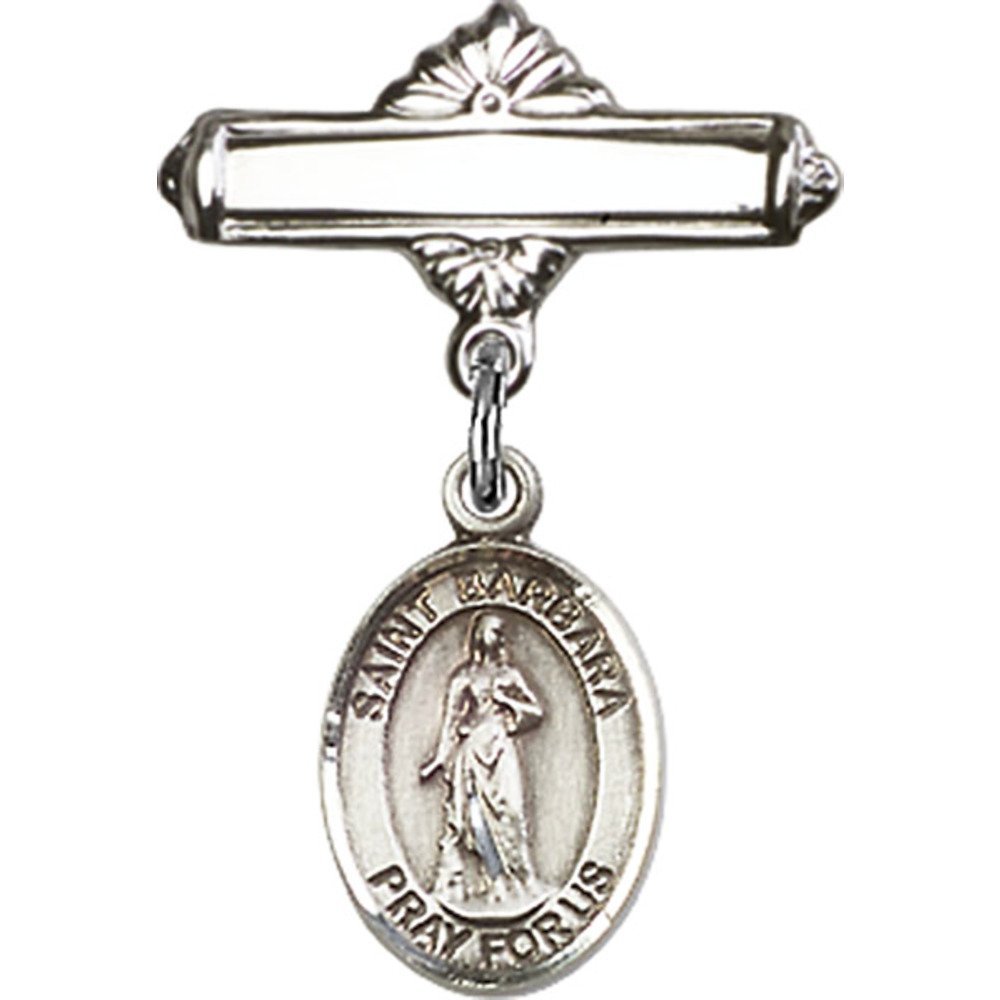 St. Barbara Sterling Silver Baby Charm Badge - 1 x 5/8 Inch Polished Pin for Baby Gifts, Christening, Baptism & First Communion Jewelry