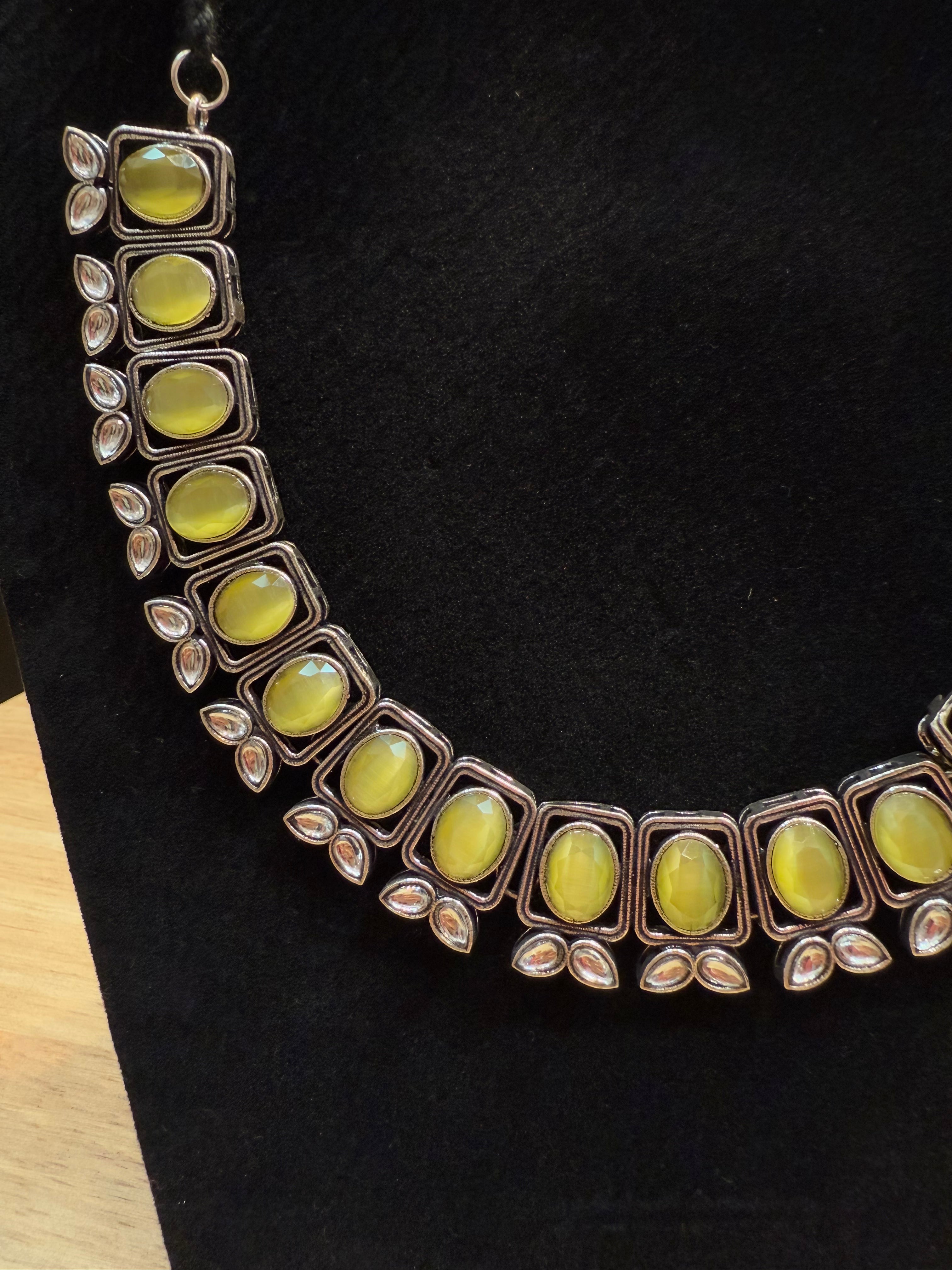 Elegant Yellow & Silver Oxidized Necklace and Earrings Set - Boho Jewelry for Women, Perfect for Parties, Weddings & Everyday Wear