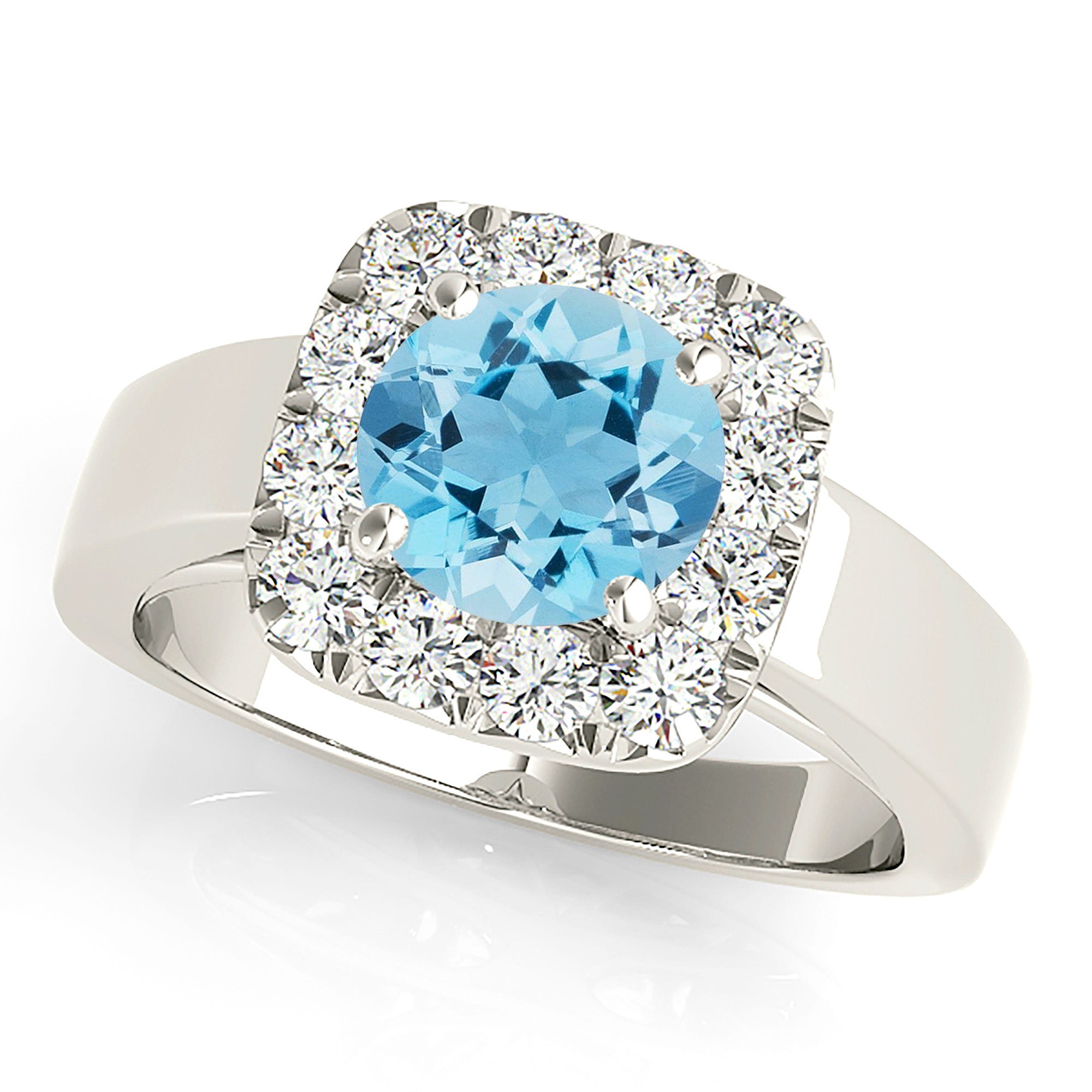 2.00 Carat Genuine Aquamarine Ring with Cushion Halo & 14K Solid Gold Wide Band - Elegant Wedding, Engagement & Anniversary Jewelry Gift for Women