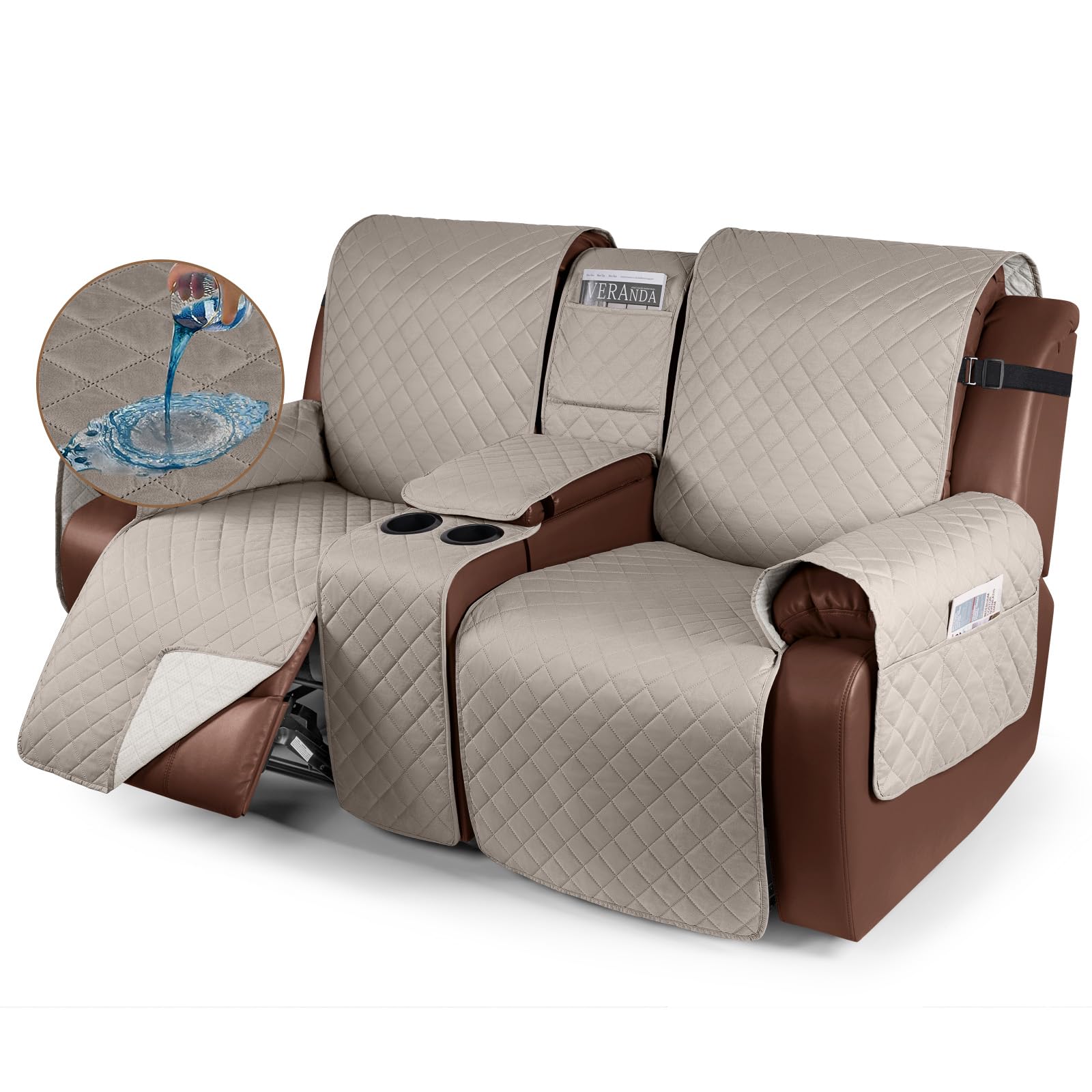 KinCam 100% Waterproof Recliner Loveseat Cover - Non-Slip Reclining Couch Covers for 2 Seater Sofas, Stretchable Furniture Protector with Elastic Straps for Kids & Pets (Khaki) - Perfect for Living Room, Family Room & Pet-Friendly Homes