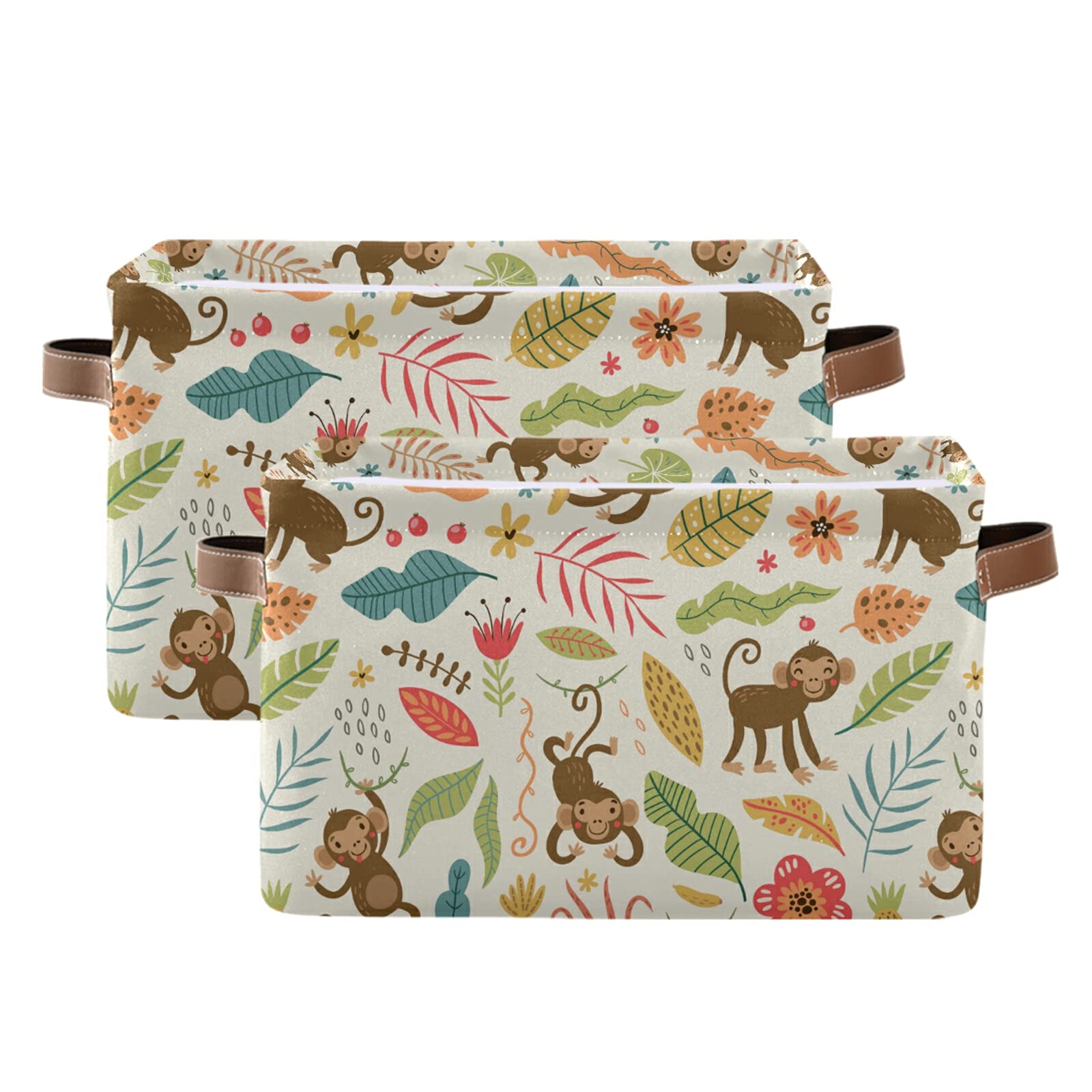 Cute Jungle Monkeys Foldable Storage Bin - Collapsible Fabric Storage Basket with Handles for Toys, Nursery, Closet & Office Organization (2-Pack) | Perfect for Kids' Room, Playroom & Home Storage Solutions