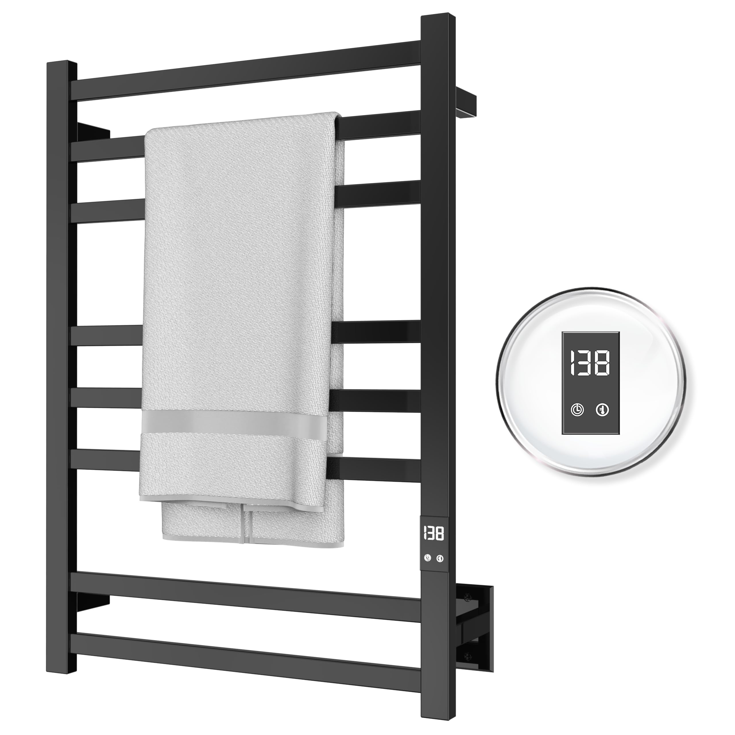 8-Bar Towel Warmer with Fast Heating | Auto Shut-Off Timer | Matte Black Finish | Hardwired & Plug-in Options | Perfect for Bathroom, Spa & Luxury Home Use