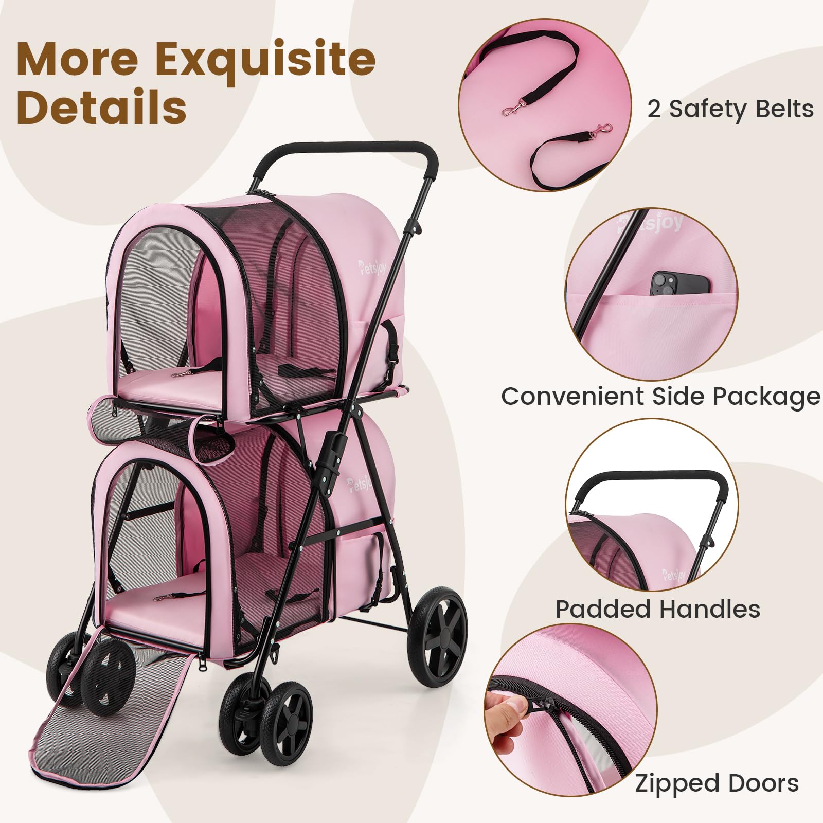 PETSITE Double Dog Stroller - Foldable Pet Carrier for 2 Small/Medium Dogs & Cats with Detachable Wheels - Jogger Stroller Crate for Car Seat, Walking, Camping & Travel - Ideal for Park Visits, Vet Trips & Outdoor Adventures (Pink)