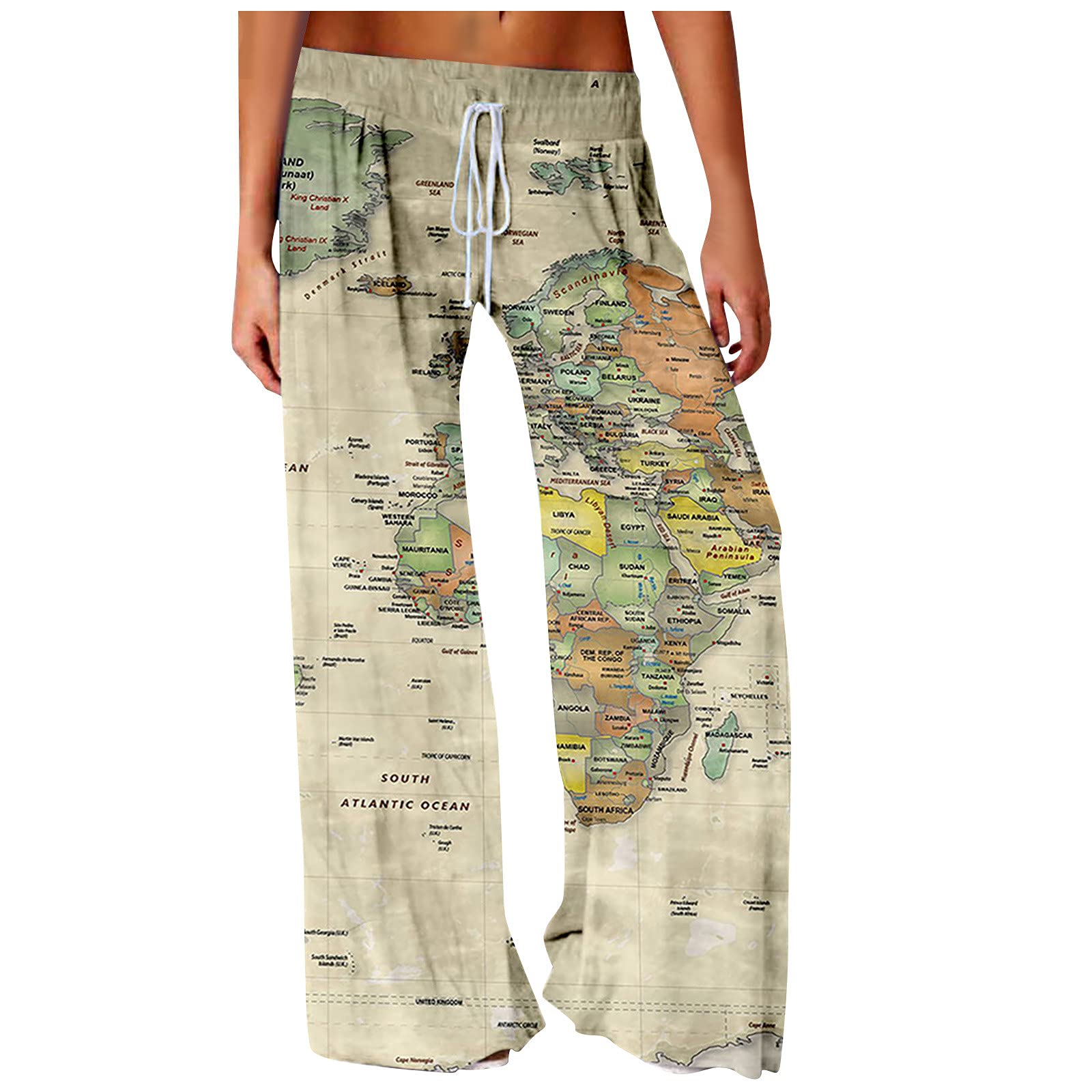 Yesunpxs Women's Wide Leg Palazzo Pants - Drawstring Waist Relaxed Fit Flare Lounge Pants with Map Print - Mid Rise Casual Long Pants for Yoga, Travel & Everyday Wear